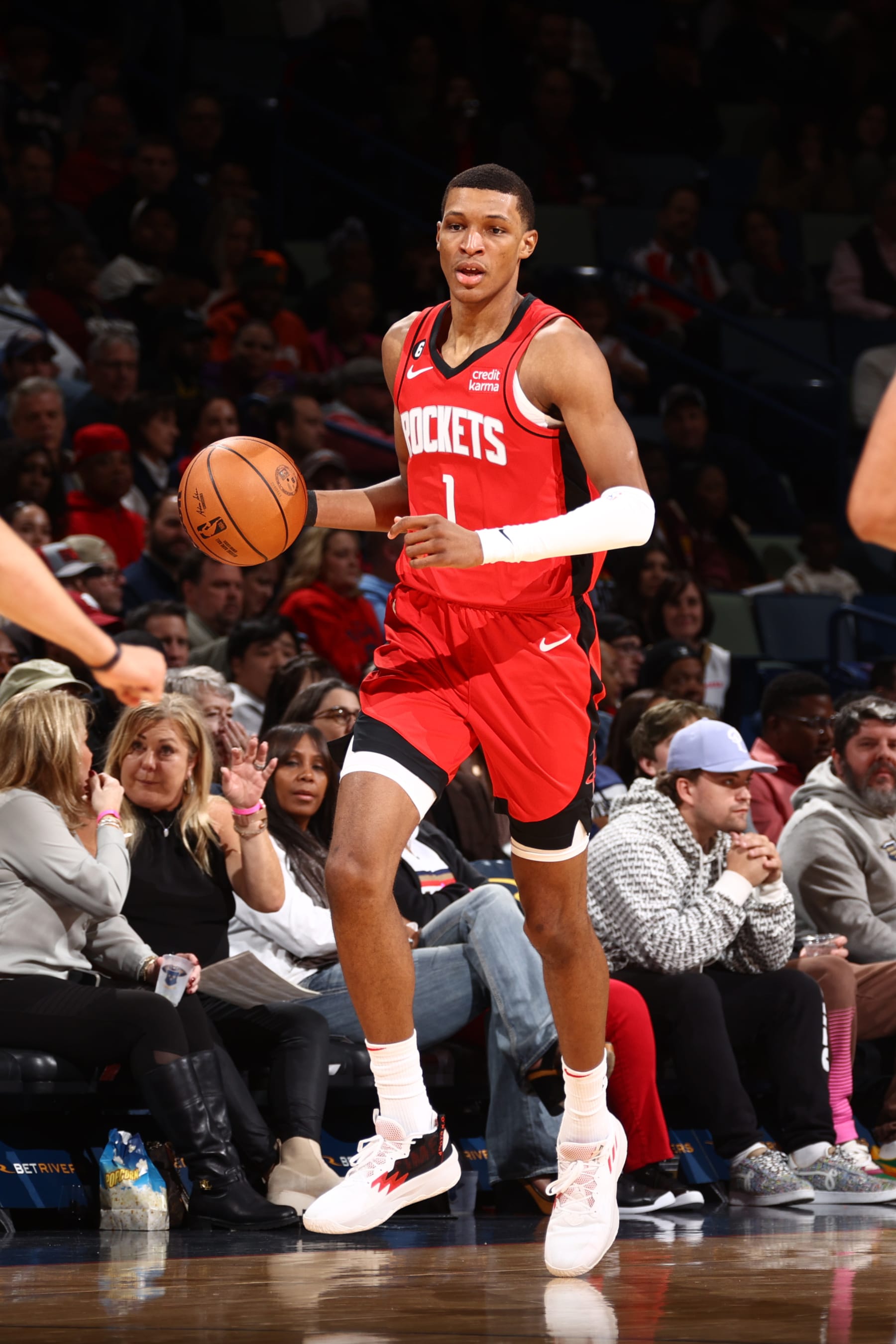 NEW ORLEANS, LA - NOVEMBER 12: Jabari Smith Jr. #1 of the Houston Rockets dribbles the ball during the game against the New Orleans Pelicans on November 12, 2022 at the Smoothie King Center in New Orleans, Louisiana. NOTE TO USER: User expressly acknowledges and agrees that, by downloading and or using this Photograph, user is consenting to the terms and conditions of the Getty Images License Agreement. Mandatory Copyright Notice: Copyright 2022 NBAE (Photo by Ned Dishman/NBAE via Getty Images)