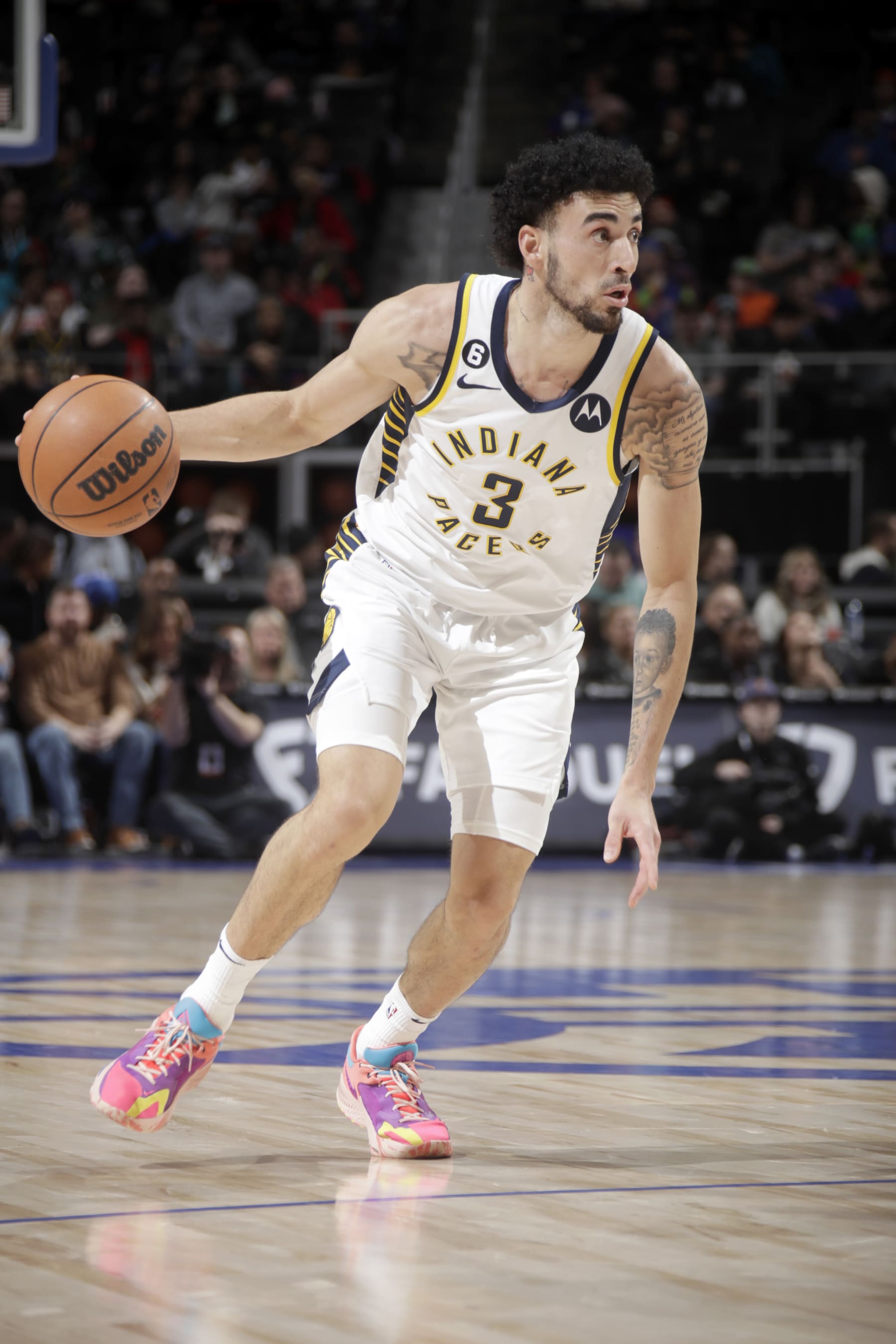 DETROIT, MI - MARCH 13:  Chris Duarte #3 of the Indiana Pacers dribbles the ball against the Detroit Pistons on March 13, 2023 at Little Caesars Arena in Detroit, Michigan. NOTE TO USER: User expressly acknowledges and agrees that, by downloading and/or using this photograph, User is consenting to the terms and conditions of the Getty Images License Agreement. Mandatory Copyright Notice: Copyright 2023 NBAE (Photo by Brian Sevald/NBAE via Getty Images)