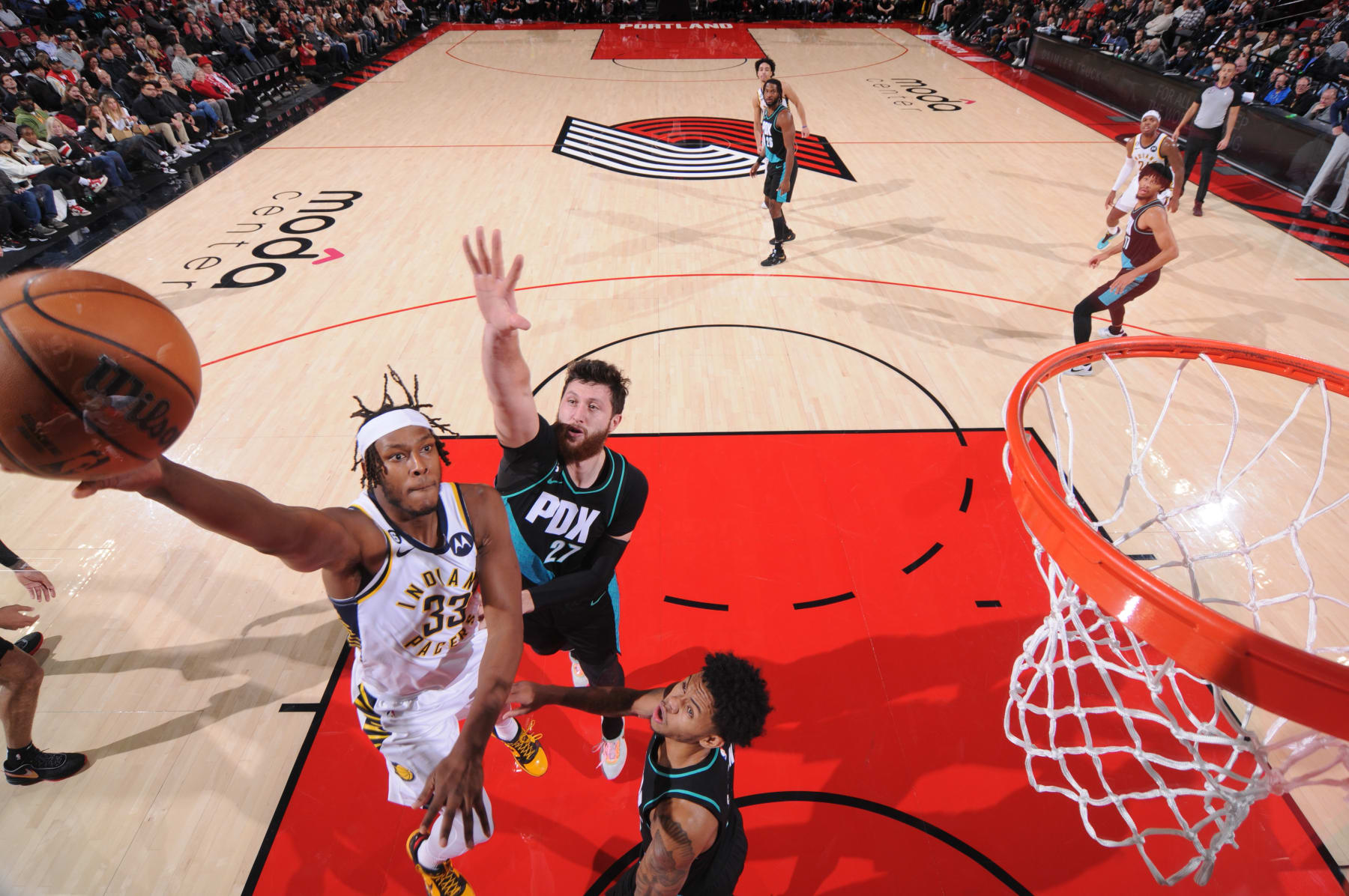PORTLAND, OR - DECEMBER 4: Myles Turner #33 of the Indiana Pacers shoots the ball during the game against the Portland Trail Blazers on December 4, 2022 at the Moda Center Arena in Portland, Oregon. NOTE TO USER: User expressly acknowledges and agrees that, by downloading and or using this photograph, user is consenting to the terms and conditions of the Getty Images License Agreement. Mandatory Copyright Notice: Copyright 2022 NBAE (Photo by Sam Forencich/NBAE via Getty Images)