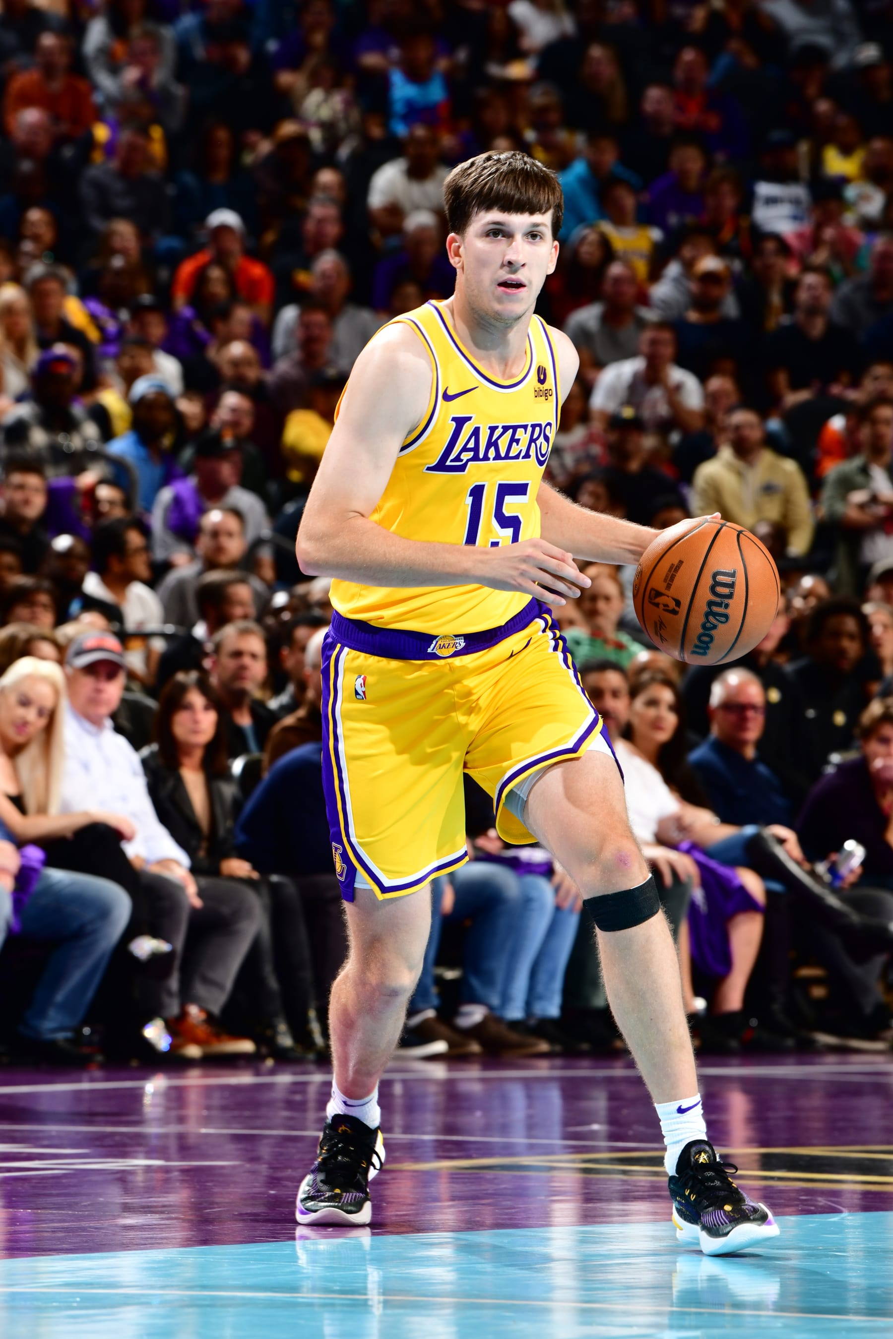 PHOENIX, AZ - NOVEMBER 10: Austin Reaves #15 of the Los Angeles Lakers dribbles the ball during the game against the Phoenix Suns during the In-Season Tournament on November 10, 2023 at Footprint Center in Phoenix, Arizona. NOTE TO USER: User expressly acknowledges and agrees that, by downloading and or using this photograph, user is consenting to the terms and conditions of the Getty Images License Agreement. Mandatory Copyright Notice: Copyright 2023 NBAE (Photo by Barry Gossage/NBAE via Getty Images)