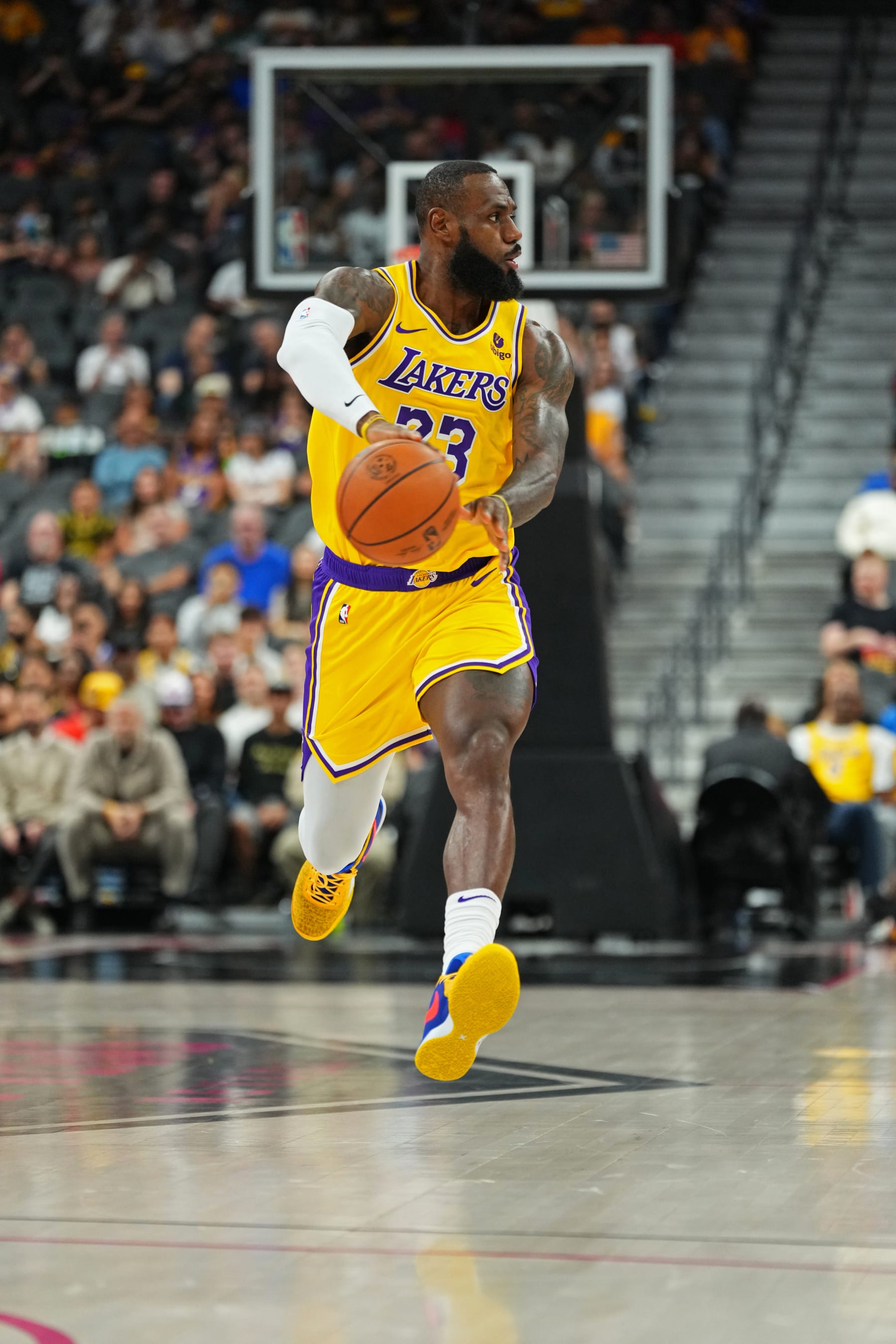 LAS VEGAS, NV - OCTOBER 9: LeBron James #23 of the Los Angeles Lakers passes the ball during the game against the Brooklyn Nets on October 9, 2023 at T-Mobile Arena in Las Vegas, Nevada. NOTE TO USER: User expressly acknowledges and agrees that, by downloading and or using this photograph, User is consenting to the terms and conditions of the Getty Images License Agreement. Mandatory Copyright Notice: Copyright 2023 NBAE (Photo by Jeff Bottari/NBAE via Getty Images)
