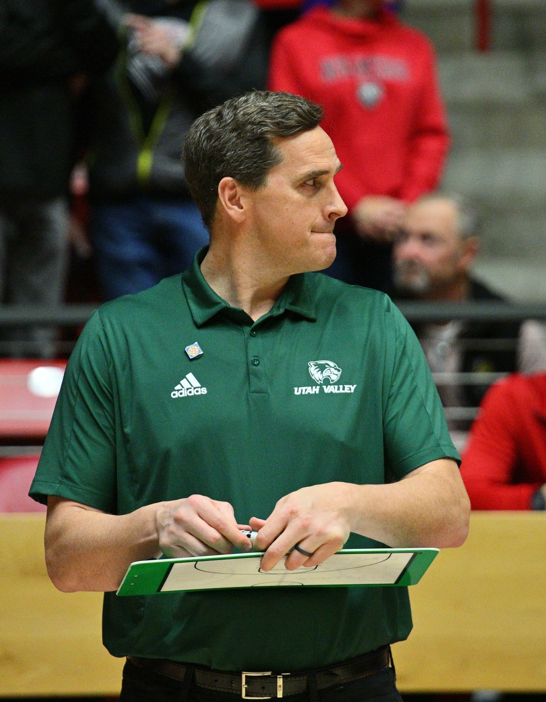 ALBUQUERQUE, NEW MEXICO - MARCH 15: Head coach Mark Madsen of the Utah Valley Wolverines looks on before their first round game against the New Mexico Lobos in the 2023 National Invitation Tournament at The Pit on March 15, 2023 in Albuquerque, New Mexico. (Photo by Sam Wasson/Getty Images)