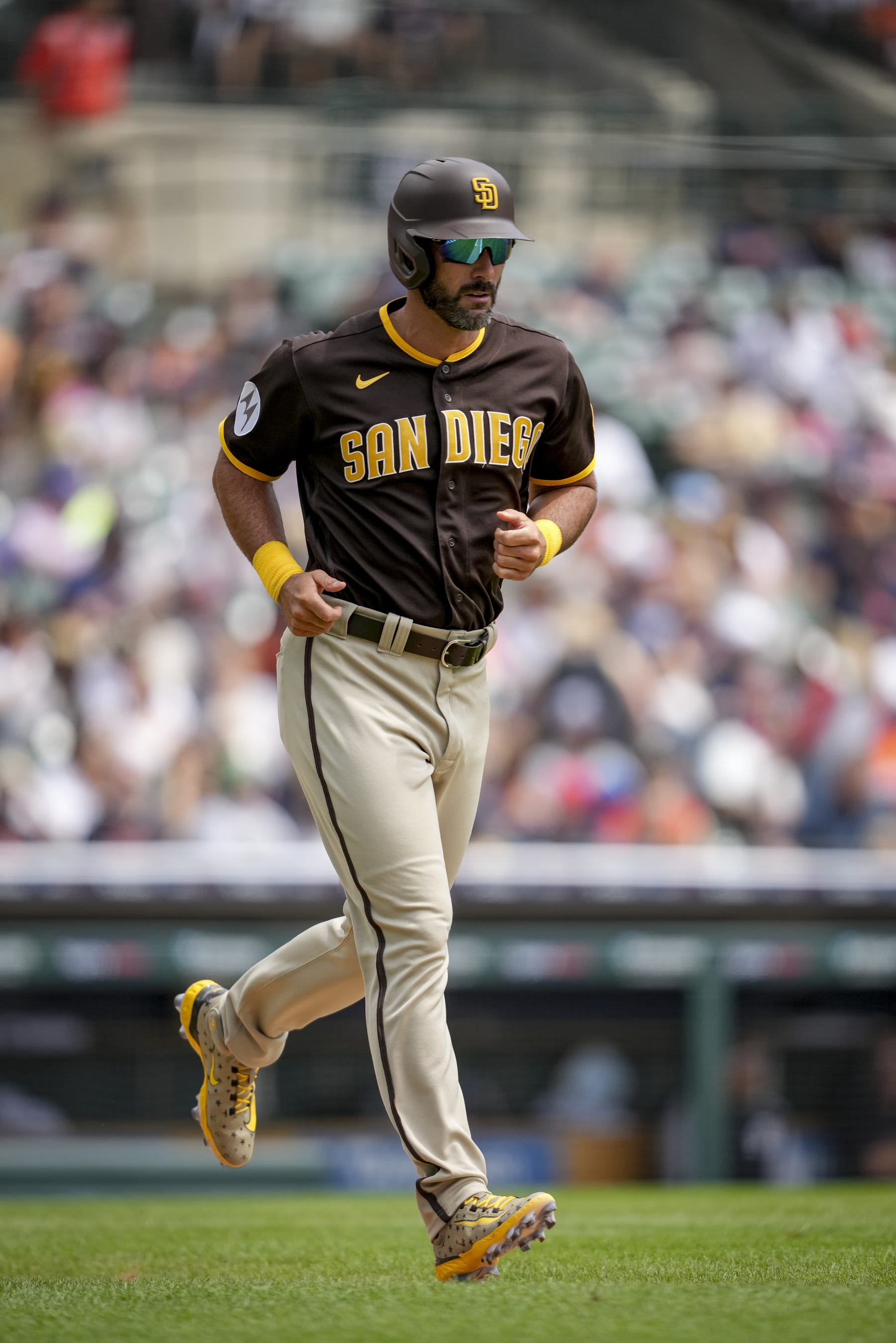 DETROIT, MICHIGAN - JULY 23: Matt Carpenter #14 of the San Diego Padres runs in action against the Detroit Tigers at Comerica Park on July 23, 2023 in Detroit, Michigan. (Photo by Nic Antaya/Getty Images)