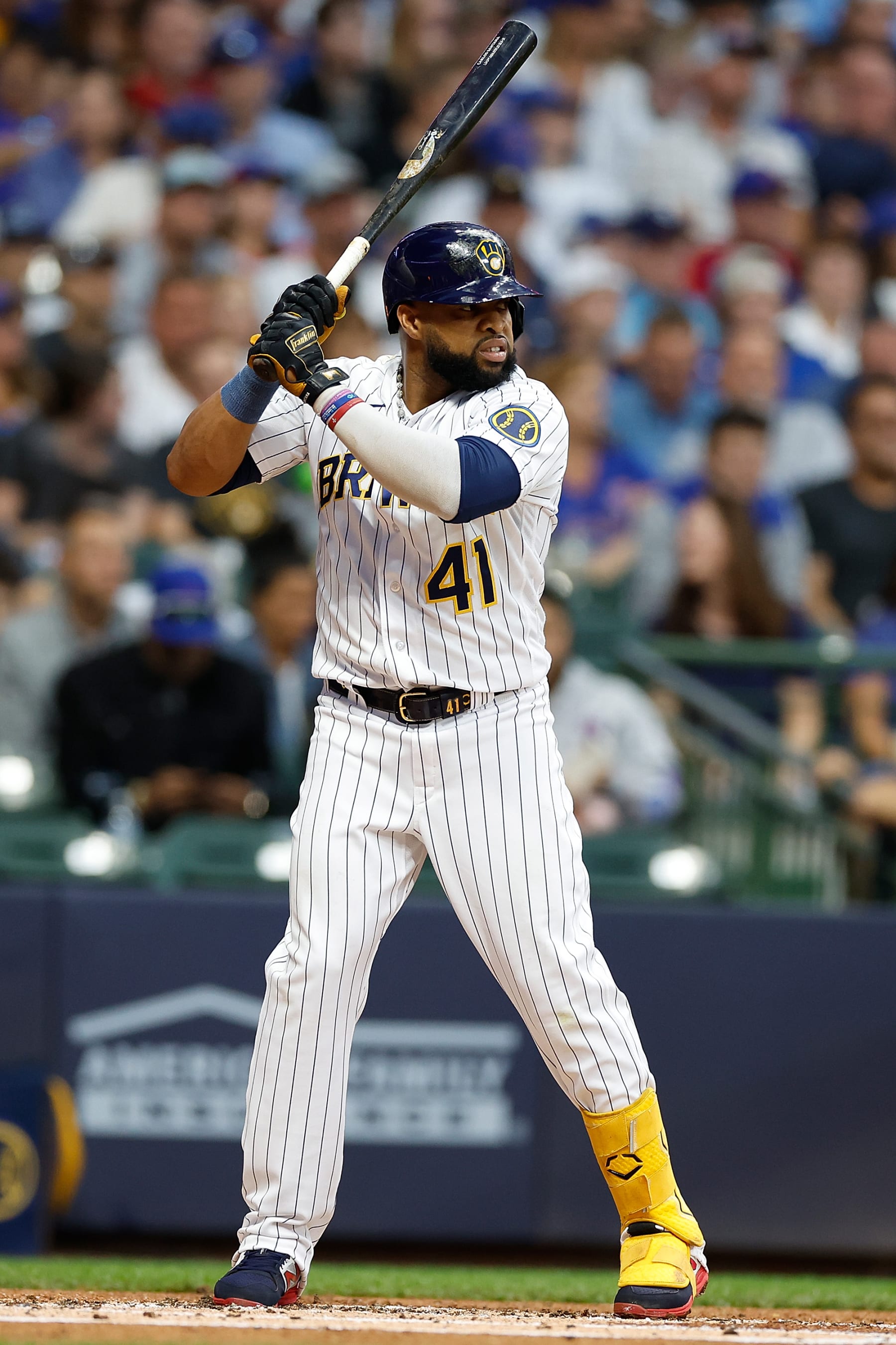MILWAUKEE, WISCONSIN - SEPTEMBER 30: Carlos Santana #41 of the Milwaukee Brewers up to bat during the game against the Chicago Cubs at American Family Field on September 30, 2023 in Milwaukee, Wisconsin. (Photo by John Fisher/Getty Images)