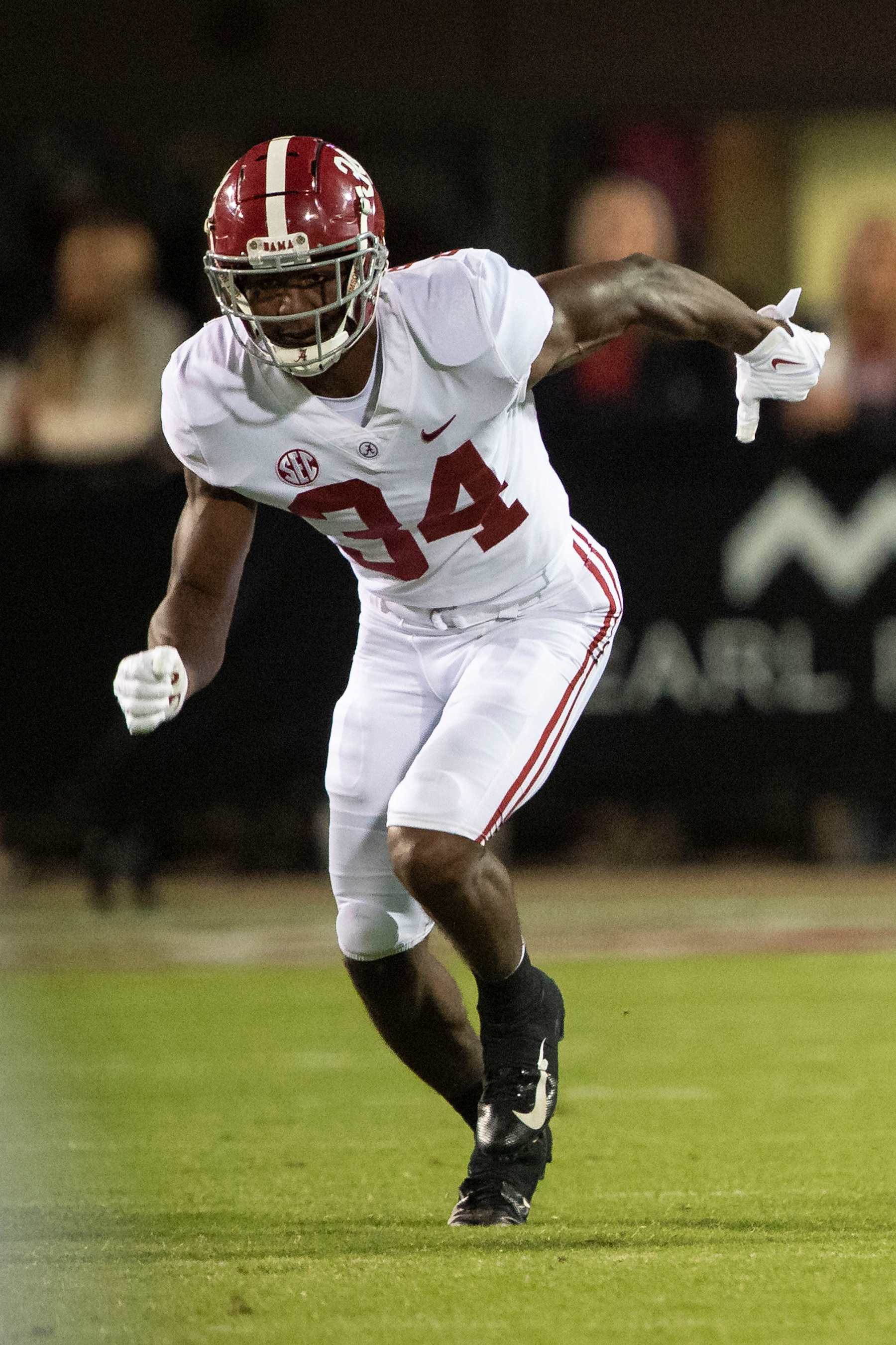 STARKVILLE, MISSISSIPPI - OCTOBER 16: Linebacker Quandarrius Robinson #34 of the Alabama Crimson Tide during their game against the Mississippi State Bulldogs at Davis Wade Stadium on October 16, 2021 in Starkville, Mississippi. (Photo by Michael Chang/Getty Images)