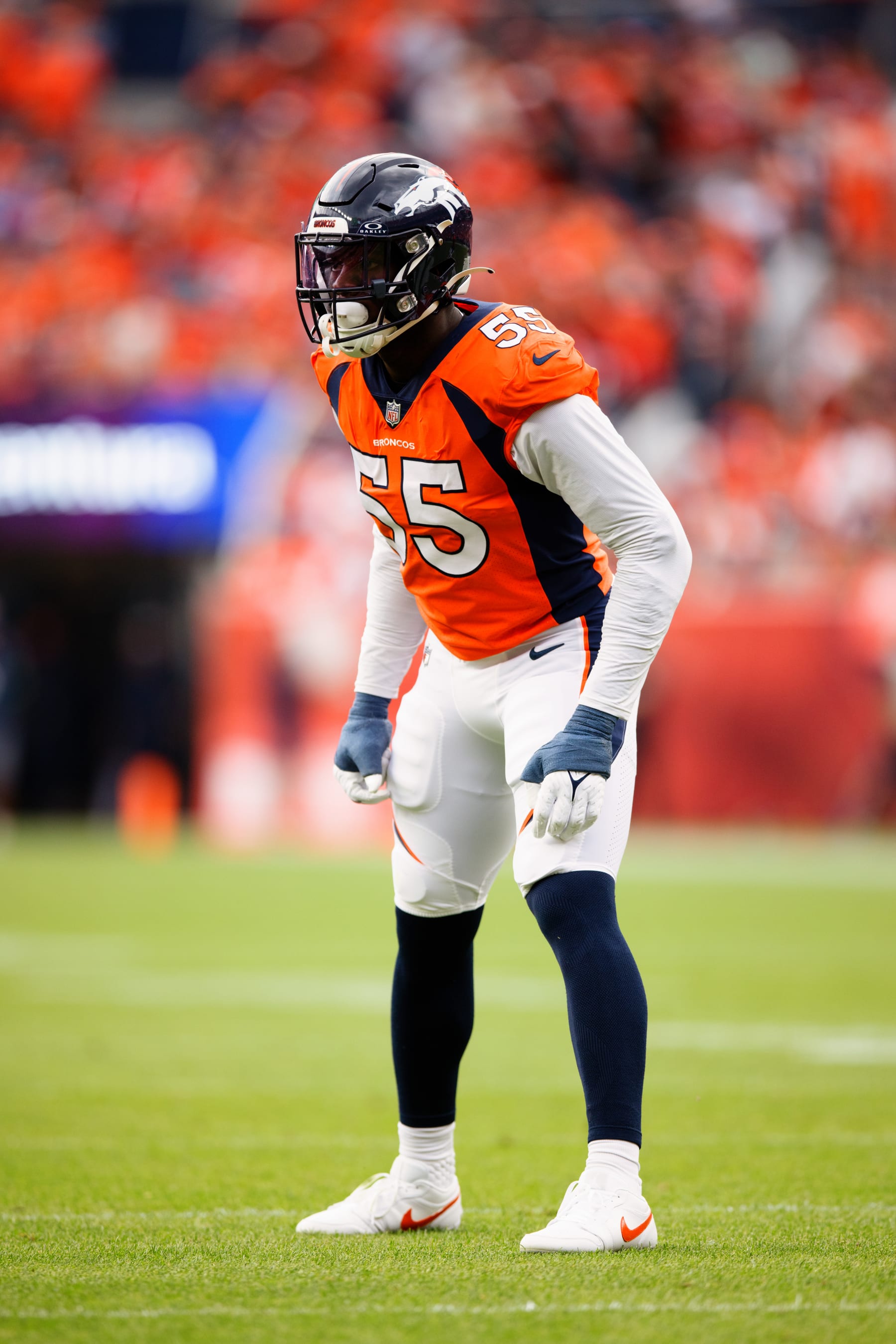 DENVER, CO - SEPTEMBER 10:  Linebacker Frank Clark #55 of the Denver Broncos lines up during the second quarter against the Las Vegas Raiders at Empower Field at Mile High on September 10, 2023 in Denver, Colorado. (Photo by Justin Edmonds/Getty Images)
