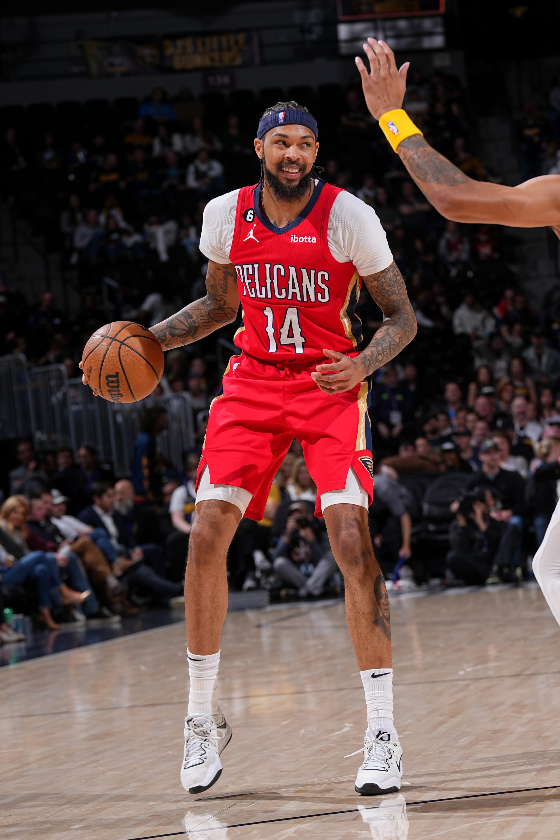 DENVER, CO - MARCH 31: Brandon Ingram #14 of the New Orleans Pelicans dribbles the ball during the game against the Denver Nuggets on March 31, 2023 at the Ball Arena in Denver, Colorado. NOTE TO USER: User expressly acknowledges and agrees that, by downloading and/or using this Photograph, user is consenting to the terms and conditions of the Getty Images License Agreement. Mandatory Copyright Notice: Copyright 2023 NBAE (Photo by Bart Young/NBAE via Getty Images)