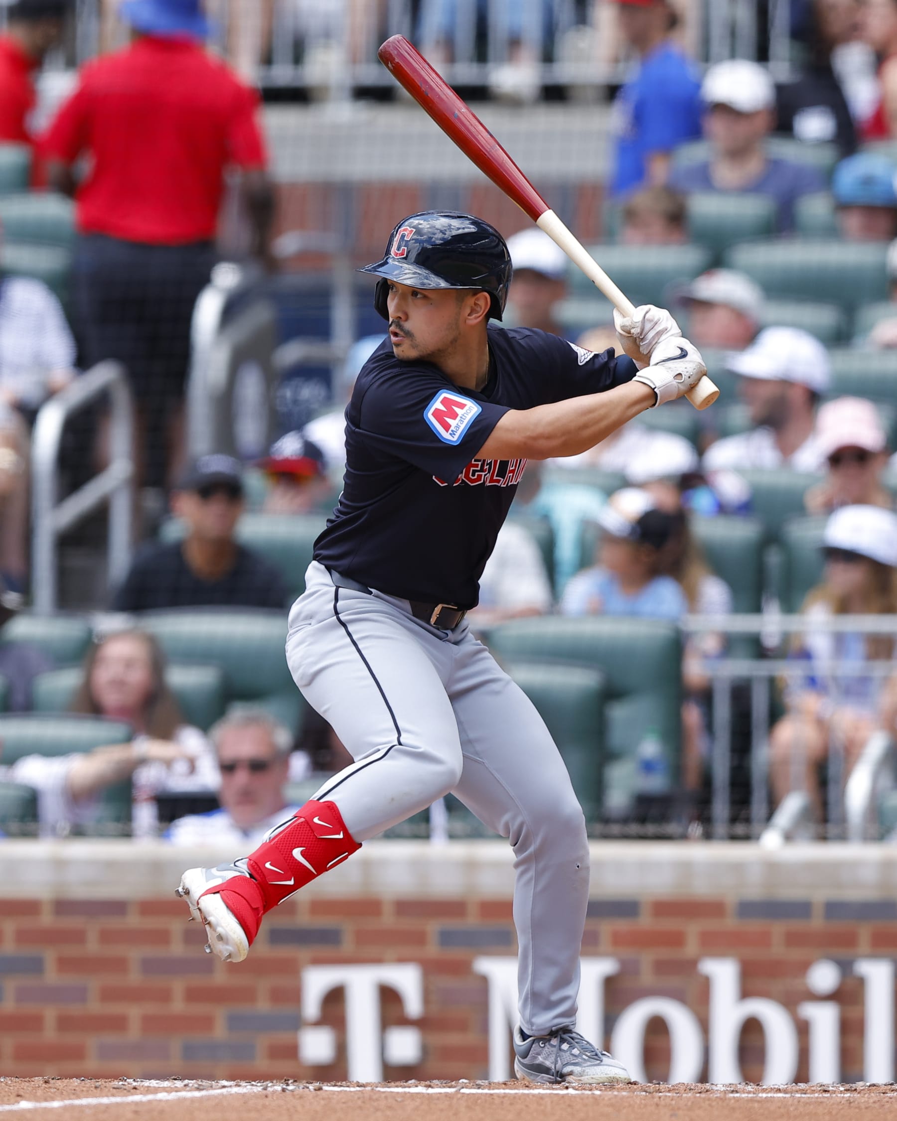 ATLANTA, GEORGIA - APRIL 28: Steven Kwan #38 of the Cleveland Guardians bats during the third inning against the Atlanta Braves at Truist Park on April 28, 2024 in Atlanta, Georgia. (Photo by Todd Kirkland/Getty Images)