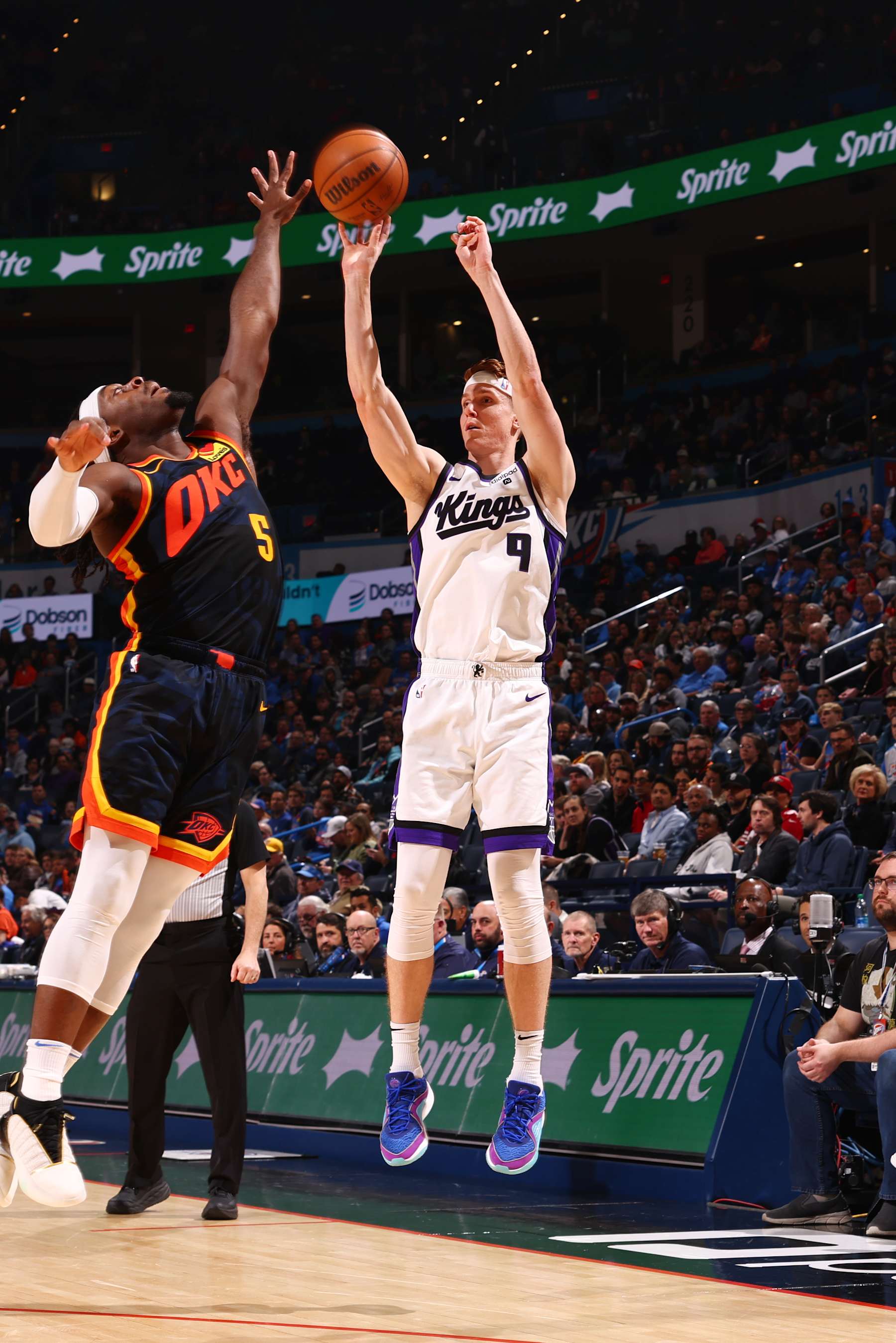 OKLAHOMA CITY, OK - FEBRUARY 11: Kevin Huerter #9 of the Sacramento Kings shoots the ball during the game against the Oklahoma City Thunder on February 11, 2024 at Paycom Arena in Oklahoma City, Oklahoma. NOTE TO USER: User expressly acknowledges and agrees that, by downloading and or using this photograph, User is consenting to the terms and conditions of the Getty Images License Agreement. Mandatory Copyright Notice: Copyright 2024 NBAE (Photo by Zach Beeker/NBAE via Getty Images)