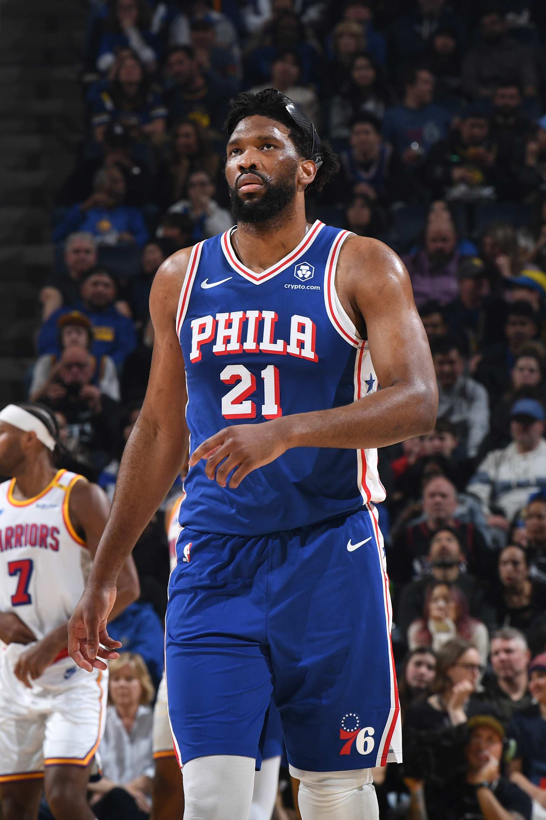 SAN FRANCISCO, CA - JANUARY 2:  Joel Embiid #21 of the Philadelphia 76ers looks on during the game against the Golden State Warriors on January 2, 2025 at Chase Center in San Francisco, California. NOTE TO USER: User expressly acknowledges and agrees that, by downloading and or using this photograph, user is consenting to the terms and conditions of Getty Images License Agreement. Mandatory Copyright Notice: Copyright 2025 NBAE (Photo by Noah Graham/NBAE via Getty Images)