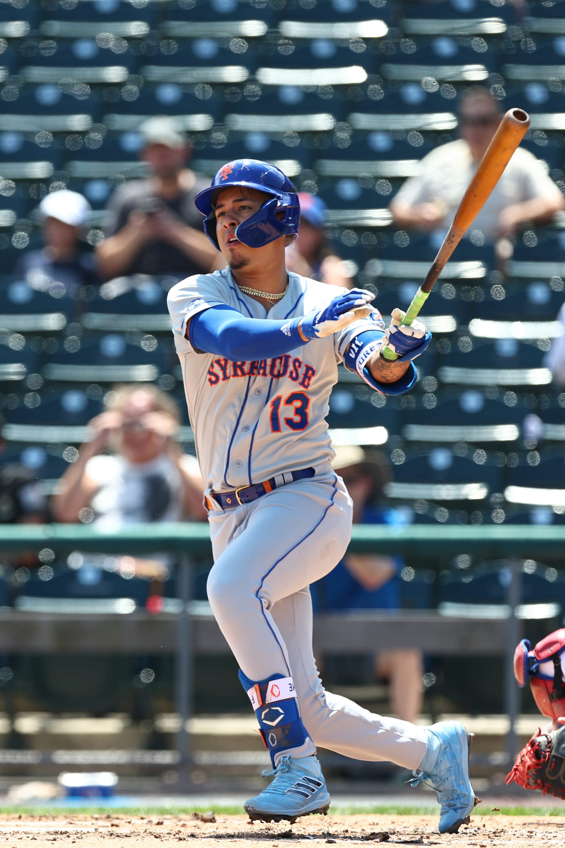 ALLENTOWN, PA - AUGUST 02: Mark Vientos #13 of the Syracuse Mets in action during a game against the Lehigh Valley IronPigs at Coca-Cola Park on August 2, 2022 in Allentown, Pennsylvania. (Photo by Rich Schultz/Getty Images)