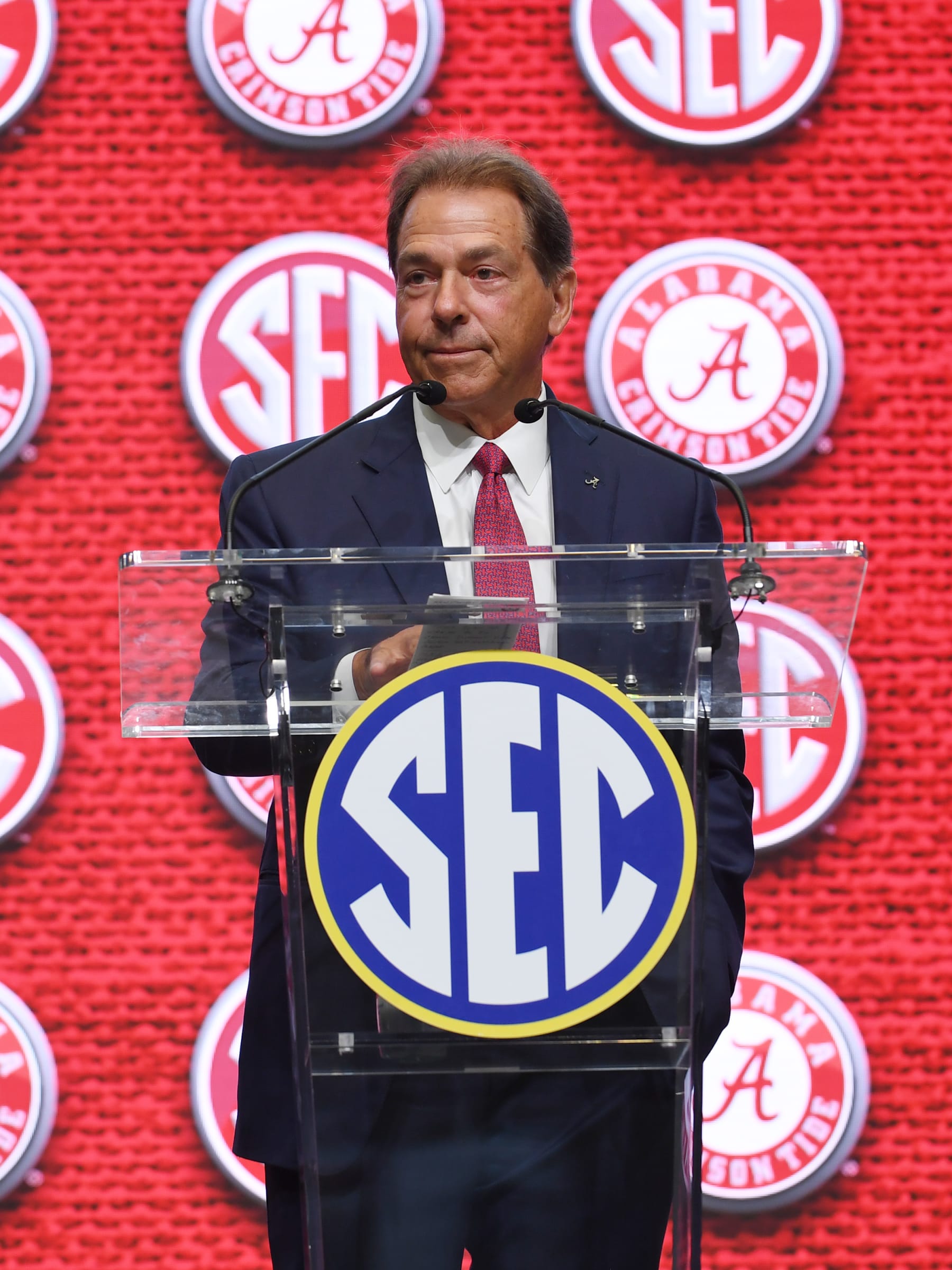 ATLANTA, GA - JULY 19: Alabama Crimson Tide Head Coach Nick Saban addresses the media during the SEC Football Kickoff Media Days on July 19, 2022, at the College Football Hall of Fame in Atlanta, GA.(Photo by Jeffrey Vest/Icon Sportswire via Getty Images)