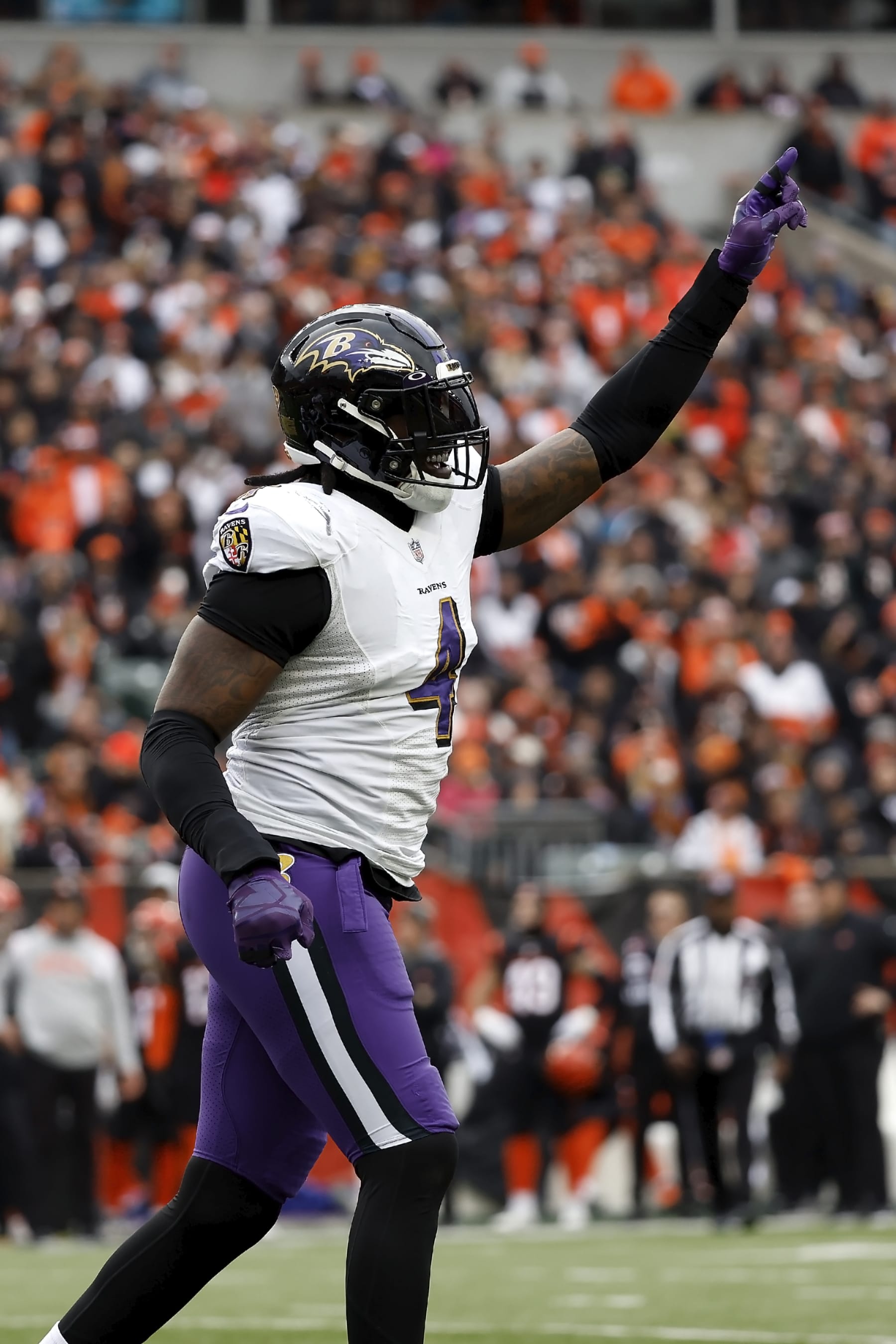 CINCINNATI, OH - JANUARY 08:  Jason Pierre-Paul #4 of the Baltimore Ravens reacts after a defensive stop during the game against the Cincinnati Bengals at Paycor Stadium on January 8, 2023 in Cincinnati, Ohio. (Photo by Kirk Irwin/Getty Images)