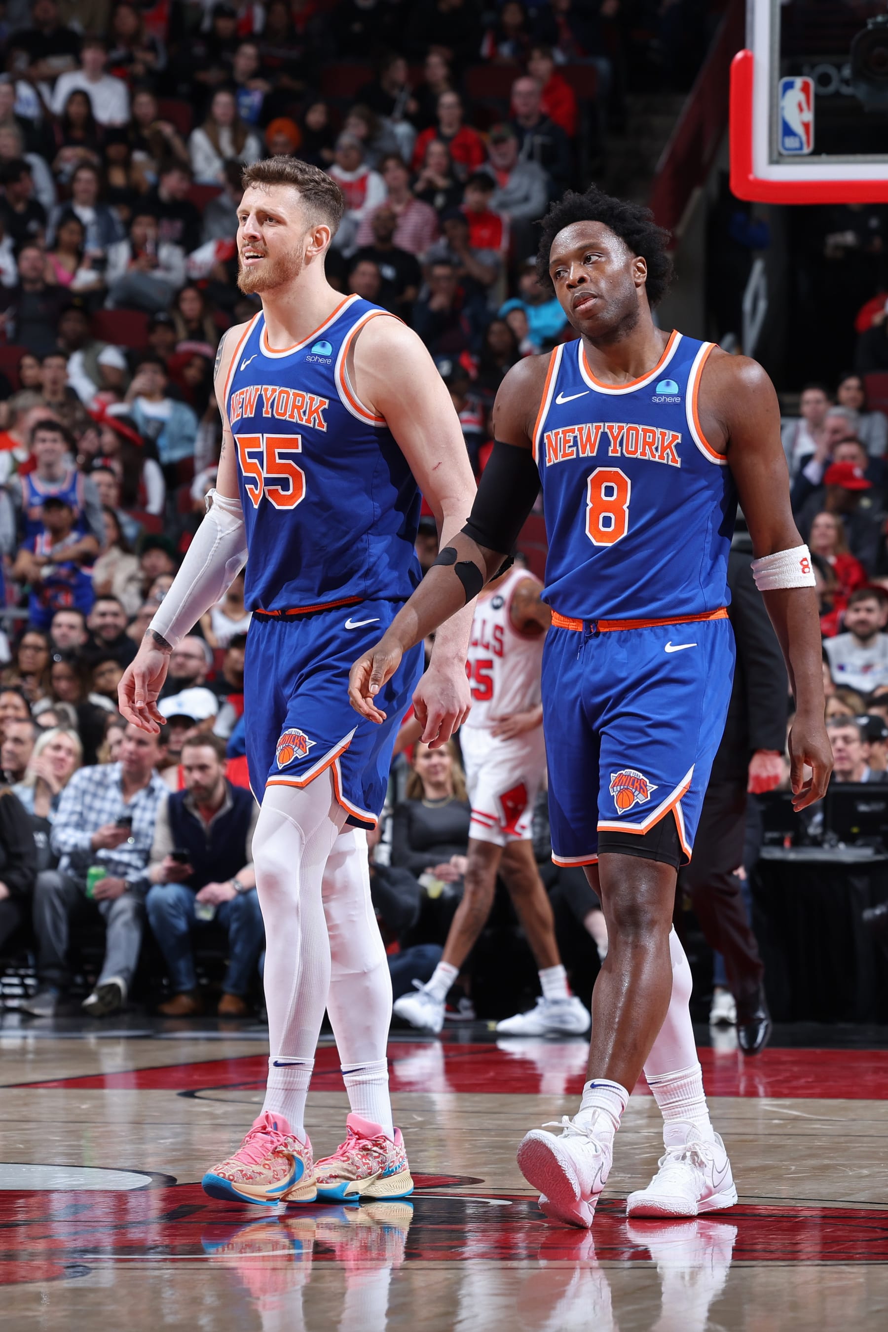 CHICAGO, IL - APRIL 9: Isaiah Hartenstein #55 and OG Anunoby #8 of the New York Knicks look on during the game against the Chicago Bulls  on April 9, 2024 at United Center in Chicago, Illinois. NOTE TO USER: User expressly acknowledges and agrees that, by downloading and or using this photograph, User is consenting to the terms and conditions of the Getty Images License Agreement. Mandatory Copyright Notice: Copyright 2024 NBAE (Photo by Jeff Haynes/NBAE via Getty Images)