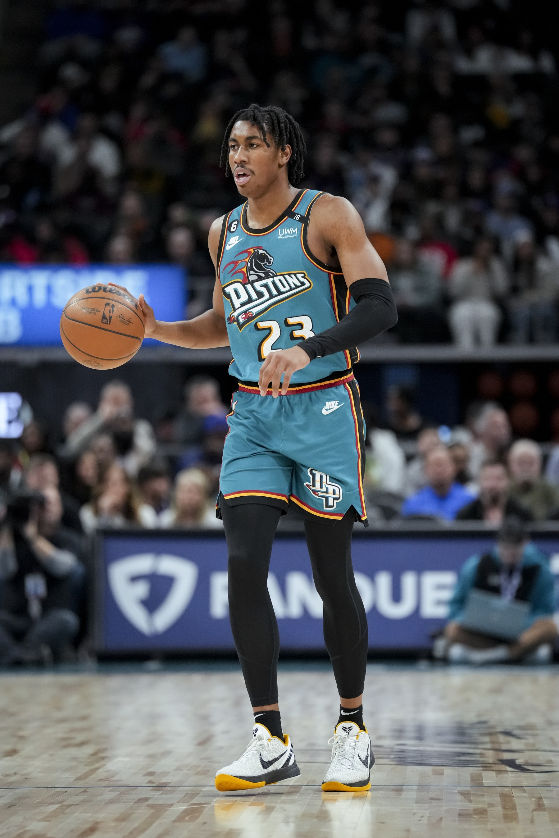 DETROIT, MICHIGAN - FEBRUARY 04: Jaden Ivey #23 of the Detroit Pistons handles the ball against the Phoenix Suns at Little Caesars Arena on February 04, 2023 in Detroit, Michigan. NOTE TO USER: User expressly acknowledges and agrees that, by downloading and or using this photograph, User is consenting to the terms and conditions of the Getty Images License Agreement. (Photo by Nic Antaya/Getty Images)