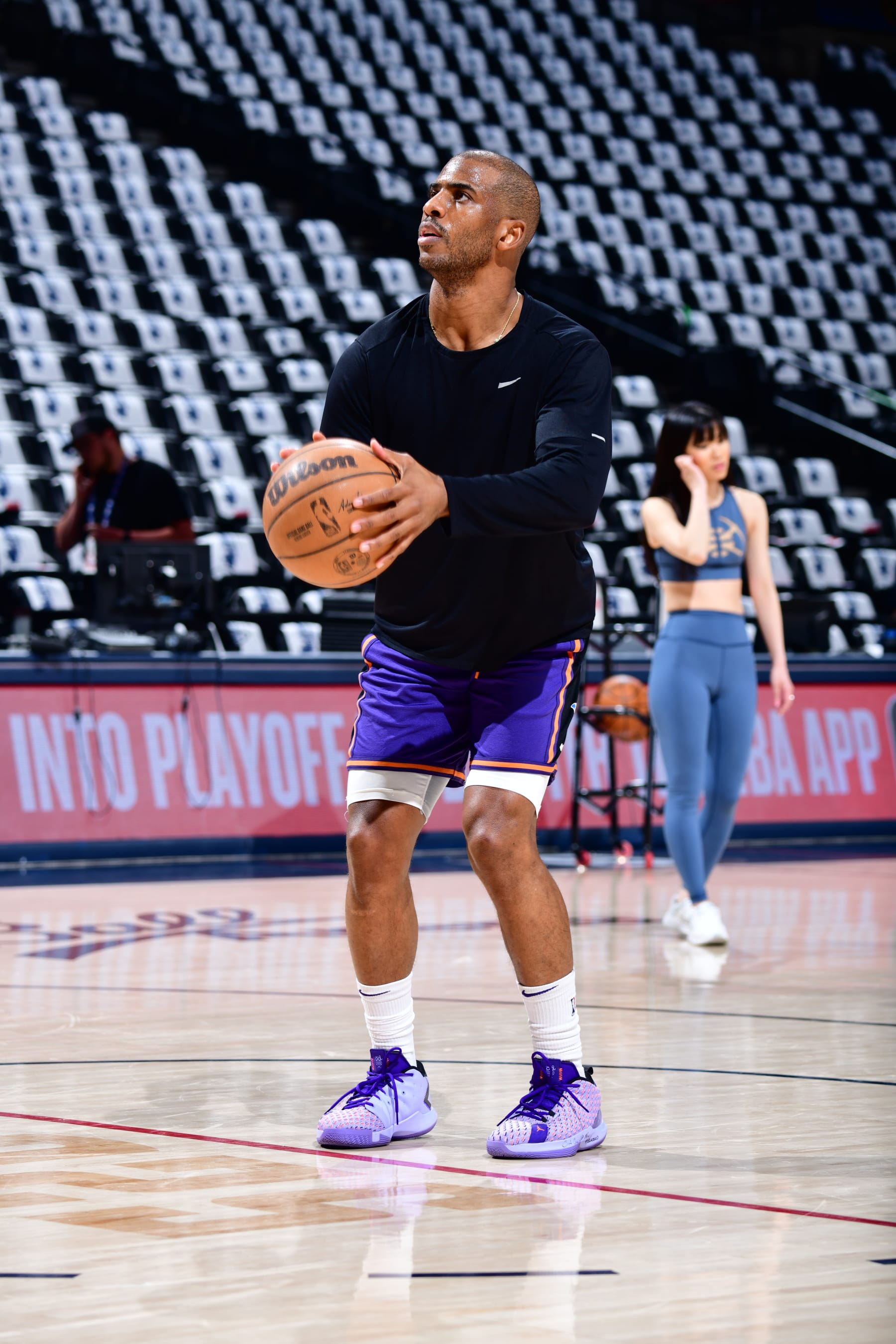 DENVER, CO - MAY 9: Chris Paul #3 of the Phoenix Suns warms up before Game Five of the Western Conference Semi-Finals of the 2023 NBA Playoffs against the Denver Nuggets on May 9, 2023 at the Ball Arena in Denver, Colorado. NOTE TO USER: User expressly acknowledges and agrees that, by downloading and/or using this Photograph, user is consenting to the terms and conditions of the Getty Images License Agreement. Mandatory Copyright Notice: Copyright 2023 NBAE (Photo by Barry Gossage/NBAE via Getty Images)