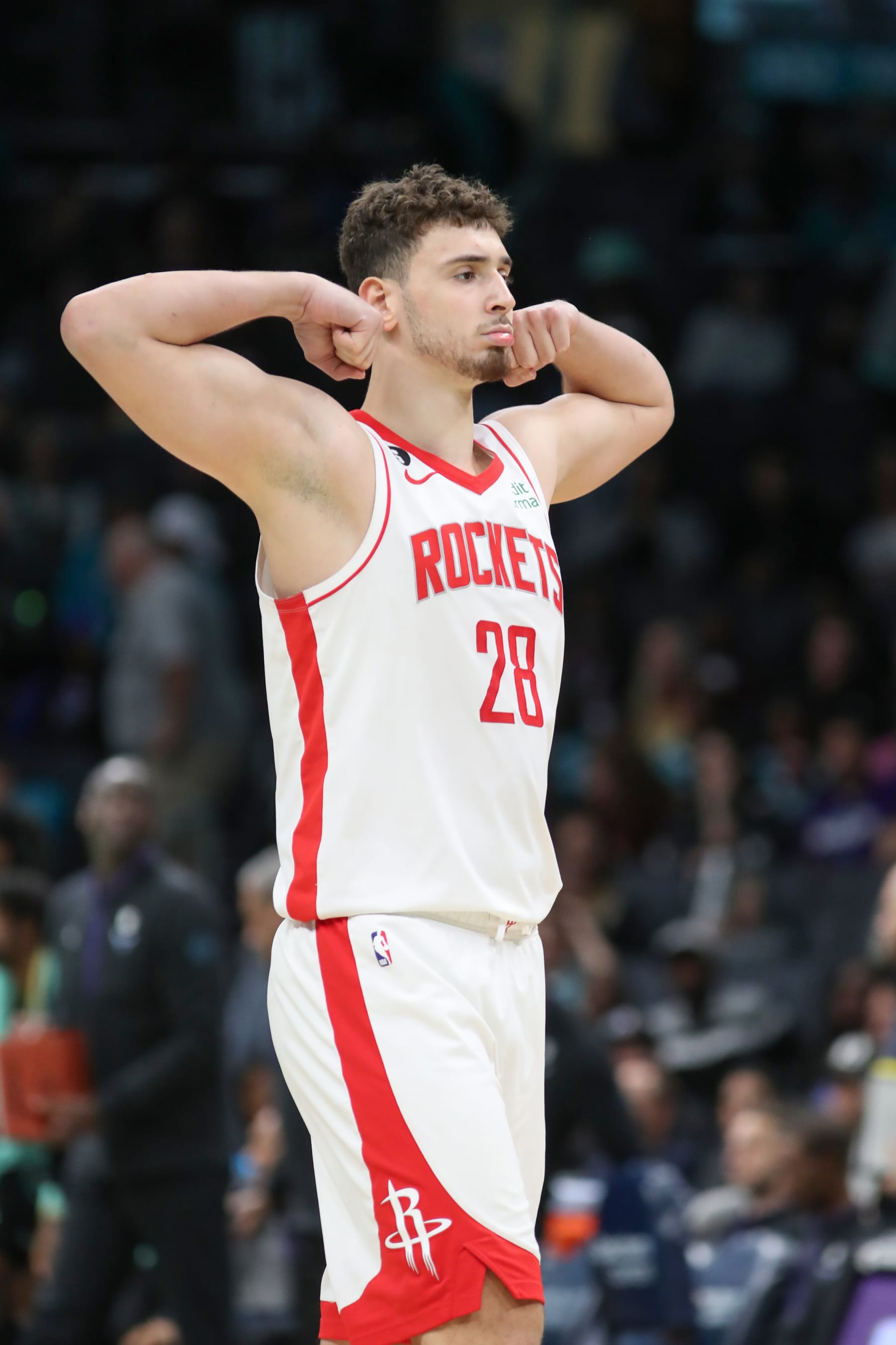 CHARLOTTE, NC - APRIL 7:  Alperen Sengun #28 of the Houston Rockets celebrates during the game on April 7, 2023 at Spectrum Center in Charlotte, North Carolina. NOTE TO USER: User expressly acknowledges and agrees that, by downloading and or using this photograph, User is consenting to the terms and conditions of the Getty Images License Agreement.  Mandatory Copyright Notice:  Copyright 2023 NBAE (Photo by Brock Williams-Smith/NBAE via Getty Images)