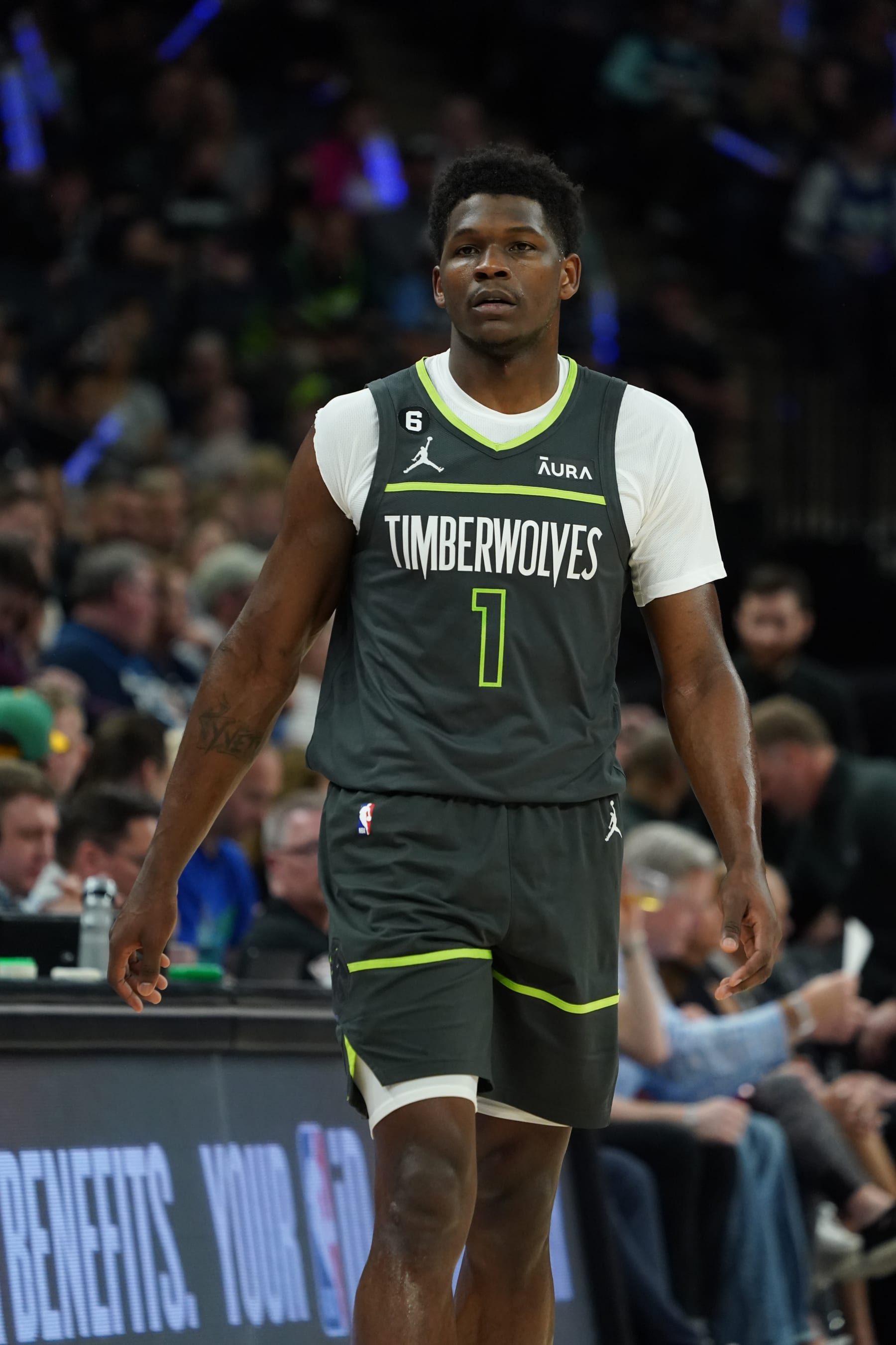 MINNEAPOLIS, MN -  APRIL 14: Anthony Edwards #1 of the Minnesota Timberwolves looks on during the 2023 Play-In Tournament against the Oklahoma City Thunder on April 14, 2023 at Target Center in Minneapolis, Minnesota. NOTE TO USER: User expressly acknowledges and agrees that, by downloading and or using this Photograph, user is consenting to the terms and conditions of the Getty Images License Agreement. Mandatory Copyright Notice: Copyright 2023 NBAE (Photo by Jordan Johnson/NBAE via Getty Images)