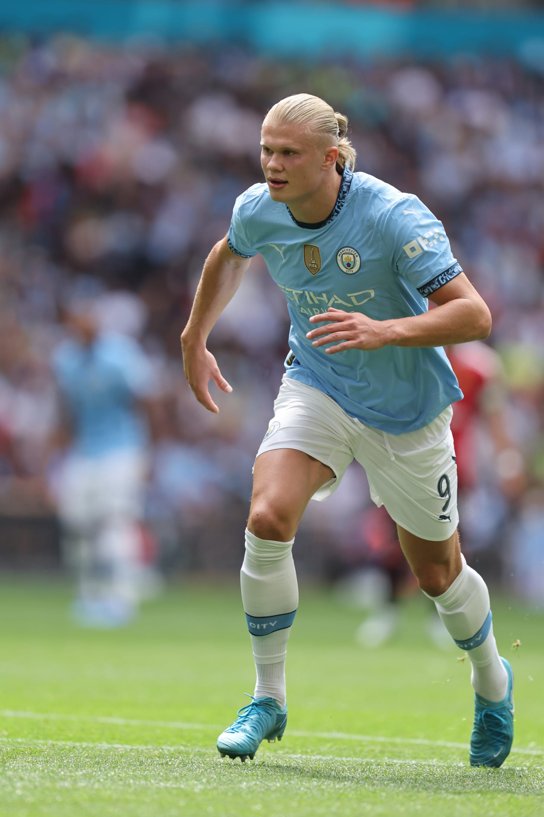LONDON, ENGLAND - AUGUST 10: Erling Haaland of Manchester City  during the 2024 FA Community Shield match between Manchester United and Manchester City  at Wembley Stadium on August 10, 2024 in London, England. (Photo by Catherine Ivill - AMA/Getty Images)