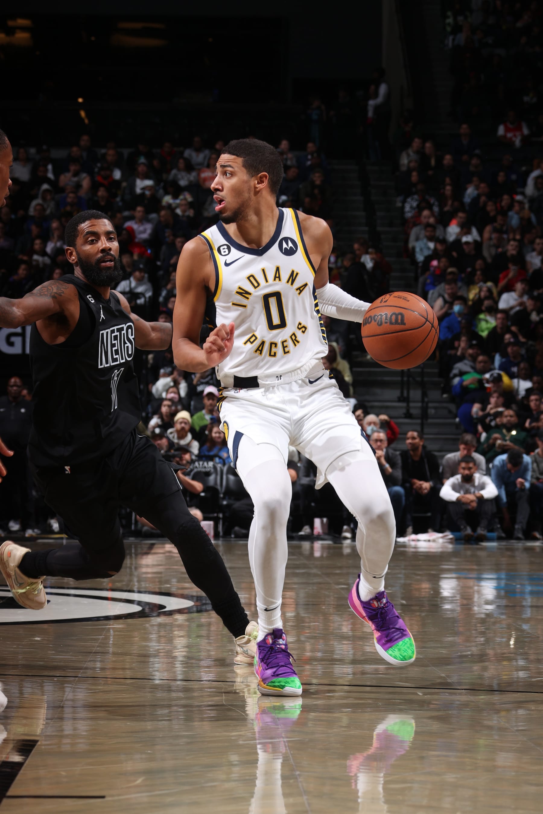BROOKLYN, NY - OCTOBER 31: Tyrese Haliburton #0 of the Indiana Pacers dribbles the ball during the game against the Brooklyn Nets on October 31, 2022 at Barclays Center in Brooklyn, New York. NOTE TO USER: User expressly acknowledges and agrees that, by downloading and or using this Photograph, user is consenting to the terms and conditions of the Getty Images License Agreement. Mandatory Copyright Notice: Copyright 2022 NBAE (Photo by Nathaniel S. Butler/NBAE via Getty Images)