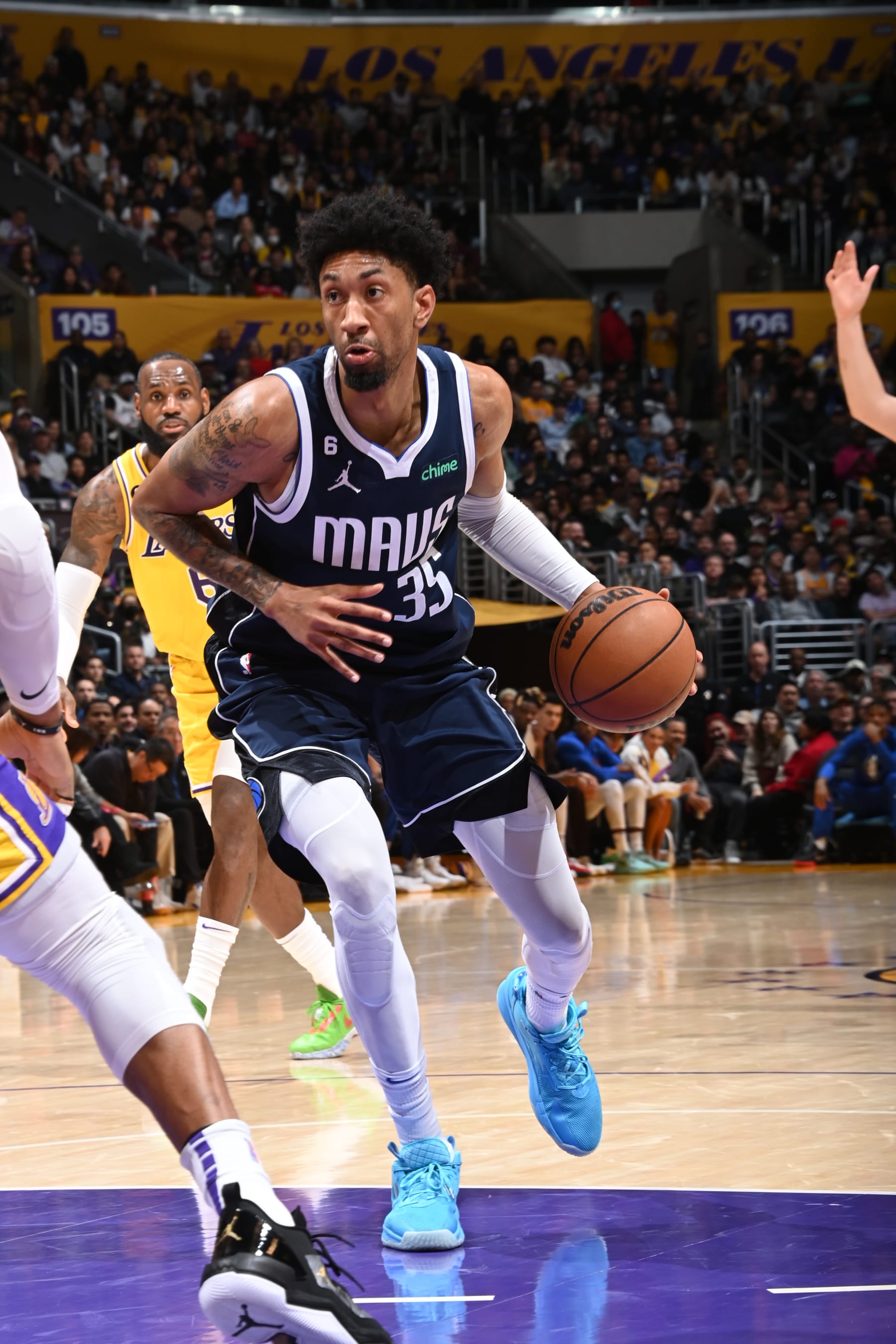 LOS ANGELES, CA - JANUARY 12: Christian Wood #35 of the Dallas Mavericks drives to the basket during the game against the Los Angeles Lakers on January 12, 2023 at Crypto.Com Arena in Los Angeles, California. NOTE TO USER: User expressly acknowledges and agrees that, by downloading and/or using this Photograph, user is consenting to the terms and conditions of the Getty Images License Agreement. Mandatory Copyright Notice: Copyright 2023 NBAE (Photo by Andrew D. Bernstein/NBAE via Getty Images)
