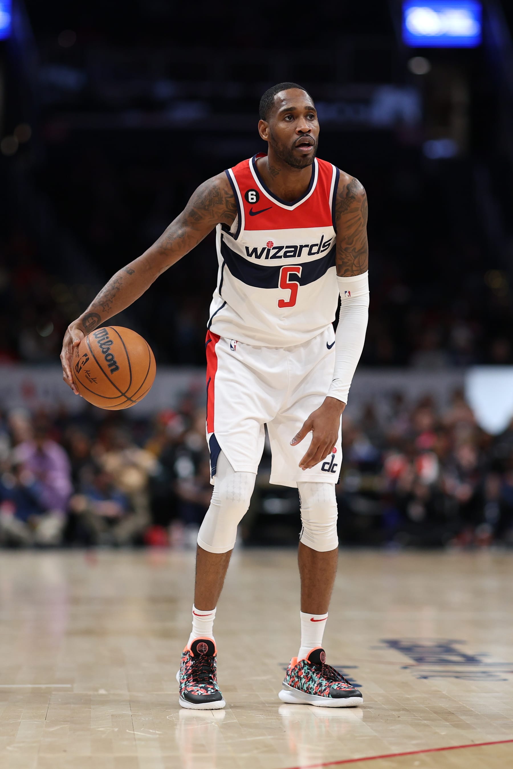 WASHINGTON, DC - FEBRUARY 06: Will Barton #5 of the Washington Wizards dribbles against the Cleveland Cavaliers during the second half at Capital One Arena on February 06, 2023 in Washington, DC. NOTE TO USER: User expressly acknowledges and agrees that, by downloading and or using this photograph, User is consenting to the terms and conditions of the Getty Images License Agreement. (Photo by Patrick Smith/Getty Images)
