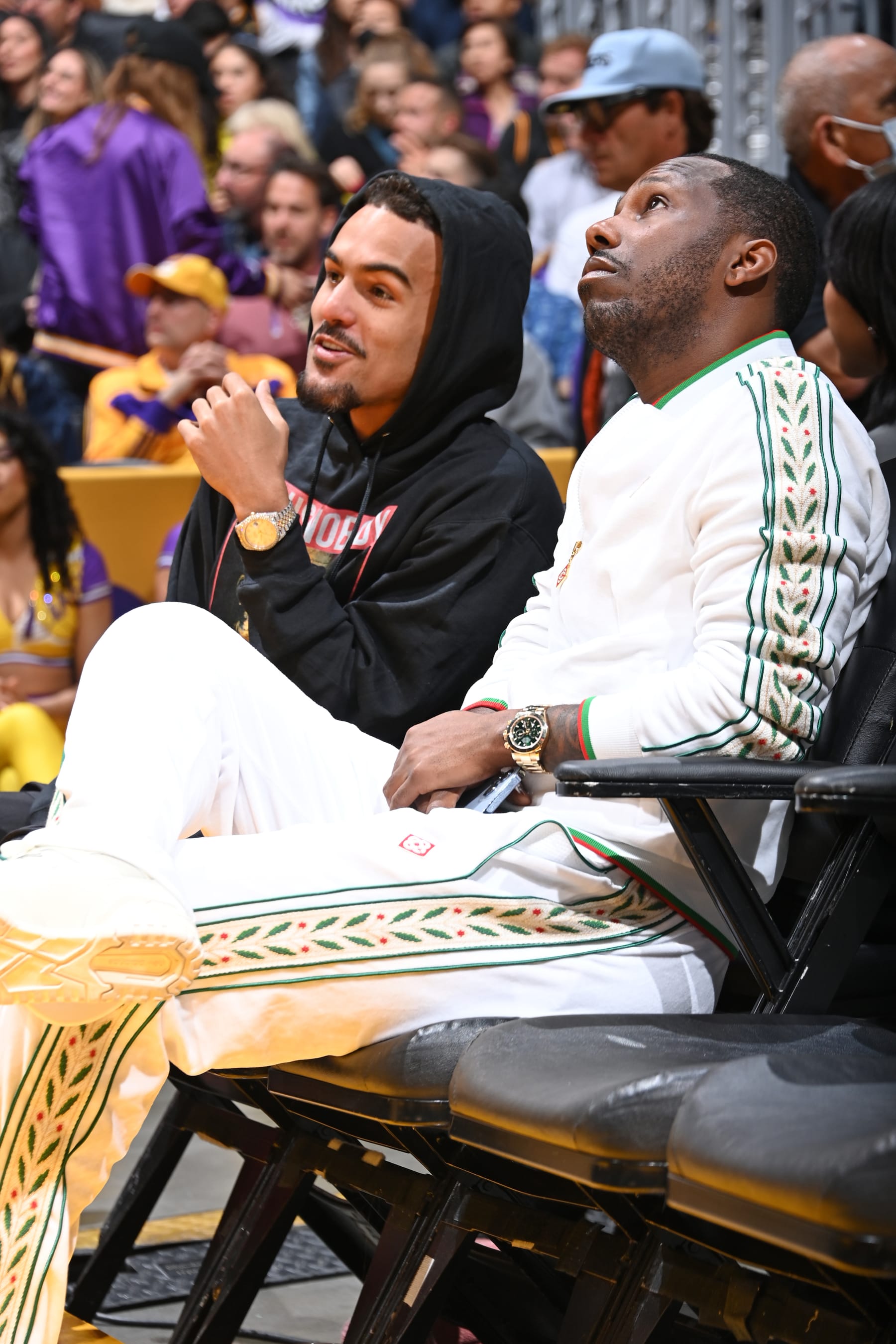 LOS ANGELES, CA - MAY 12: Trae Young #11 of the Atlanta Hawks and Rich Paul sit court side during the game between the Golden State Warriors and the Los Angeles Lakers during Game 6 of the Western Conference Semi-Finals 2023 NBA Playoffs on May 12, 2023 at Crypto.Com Arena in Los Angeles, California. NOTE TO USER: User expressly acknowledges and agrees that, by downloading and/or using this Photograph, user is consenting to the terms and conditions of the Getty Images License Agreement. Mandatory Copyright Notice: Copyright 2023 NBAE (Photo by Andrew D. Bernstein/NBAE via Getty Images)