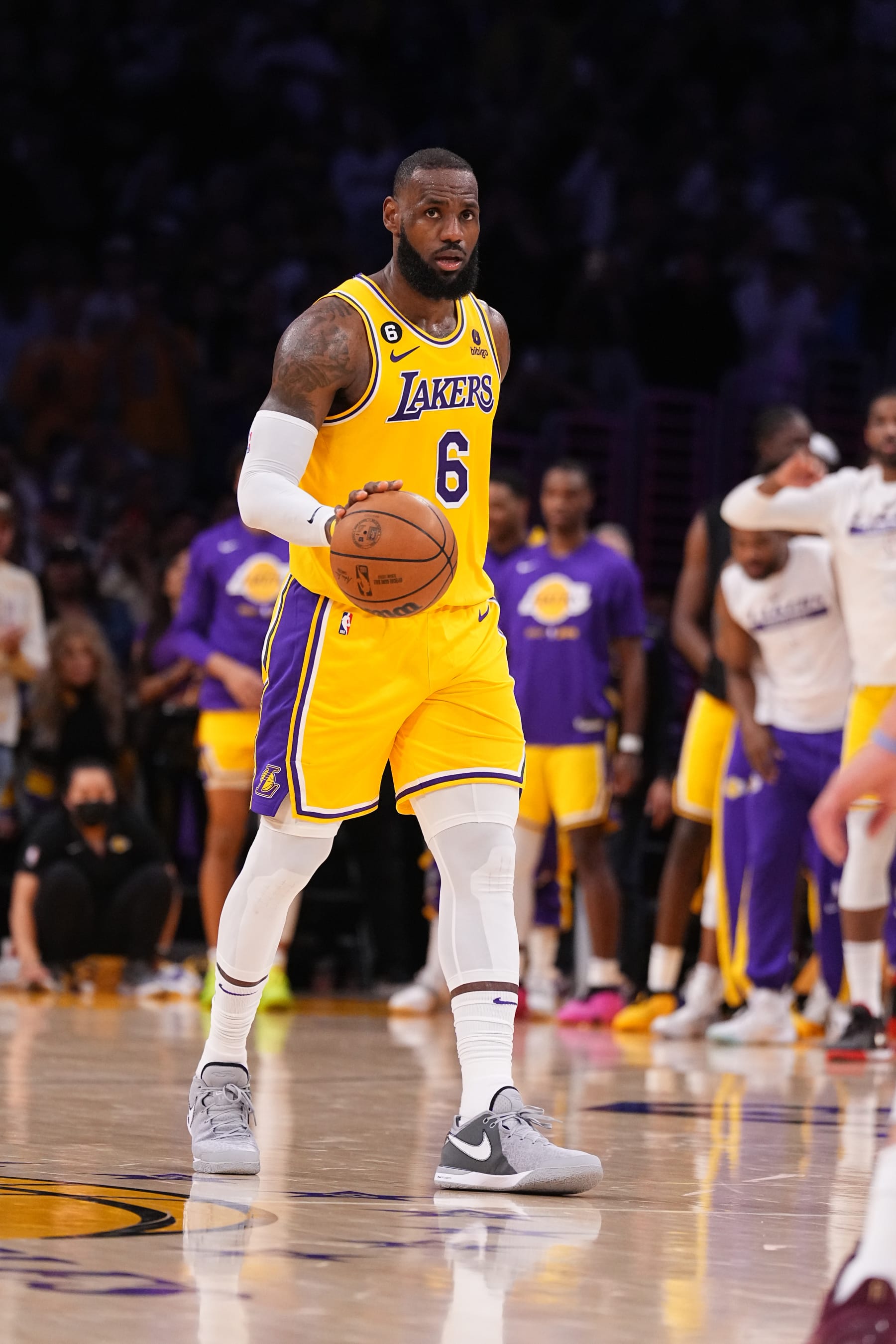 LOS ANGELES, CA - MAY 22: LeBron James #6 of the Los Angeles Lakers dribbles the ball during Game Four of the Western Conference Finals against the Denver Nuggets on May 22, 2023 at Crypto.com Arena in Los Angeles, California. NOTE TO USER: User expressly acknowledges and agrees that, by downloading and/or using this Photograph, user is consenting to the terms and conditions of the Getty Images License Agreement. Mandatory Copyright Notice: Copyright 2023 NBAE (Photo by Garrett Ellwood/NBAE via Getty Images)
