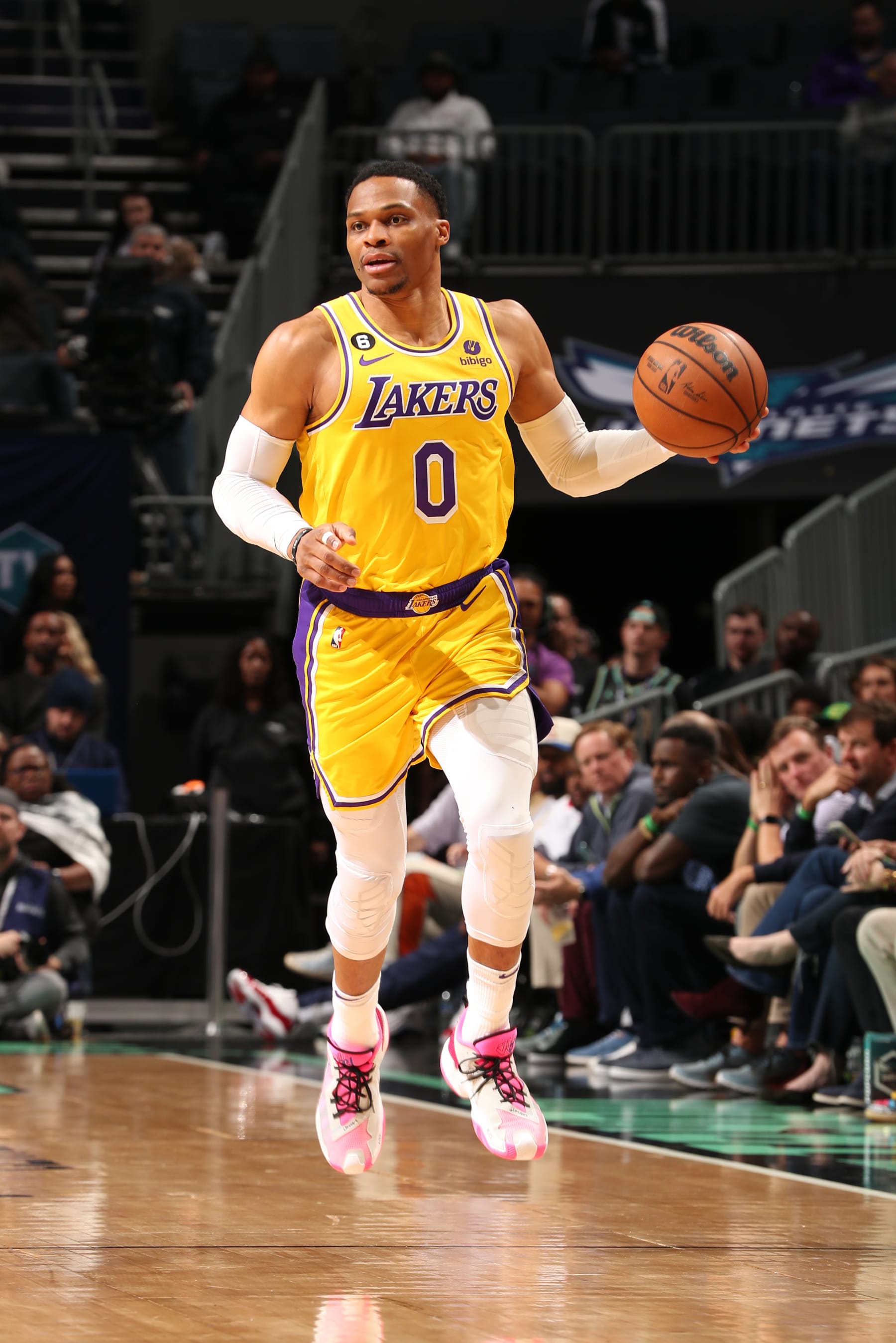 CHARLOTTE, NC - JANUARY 2: Russell Westbrook #0 of the Los Angeles Lakers dribbles the ball during the game against the Charlotte Hornets on January 2, 2023 at Spectrum Center in Charlotte, North Carolina. NOTE TO USER: User expressly acknowledges and agrees that, by downloading and or using this photograph, User is consenting to the terms and conditions of the Getty Images License Agreement. Mandatory Copyright Notice: Copyright 2023 NBAE (Photo by Kent Smith/NBAE via Getty Images)
