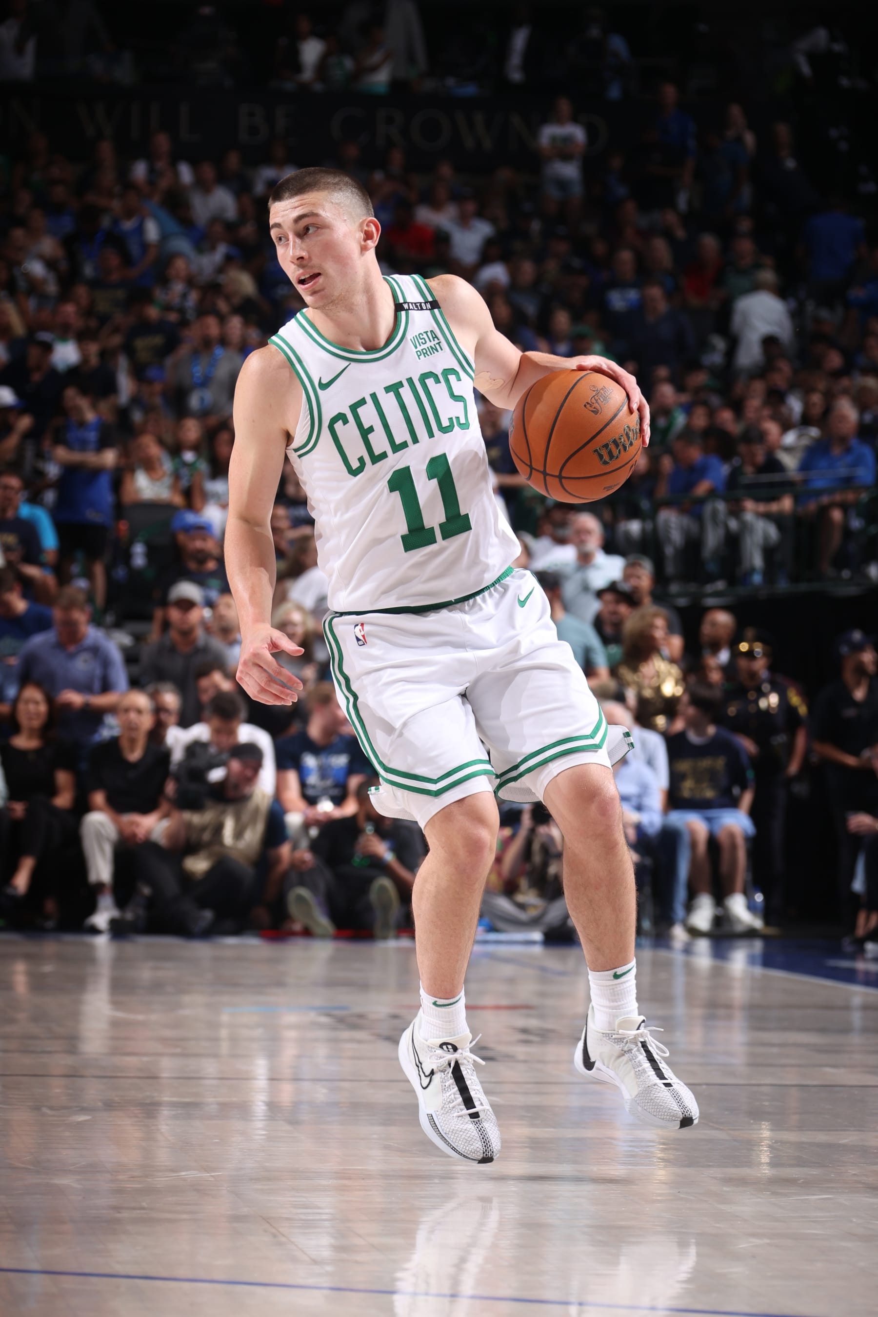 DALLAS, TX - JUNE 14: Payton Pritchard #11 of the Boston Celtics dribbles the ball during the game against the Dallas Mavericks during Game 4 of the 2024 NBA Finals on June 14, 2024 at the American Airlines Center in Dallas, Texas. NOTE TO USER: User expressly acknowledges and agrees that, by downloading and or using this photograph, User is consenting to the terms and conditions of the Getty Images License Agreement. Mandatory Copyright Notice: Copyright 2024 NBAE (Photo by Nathaniel S. Butler/NBAE via Getty Images)