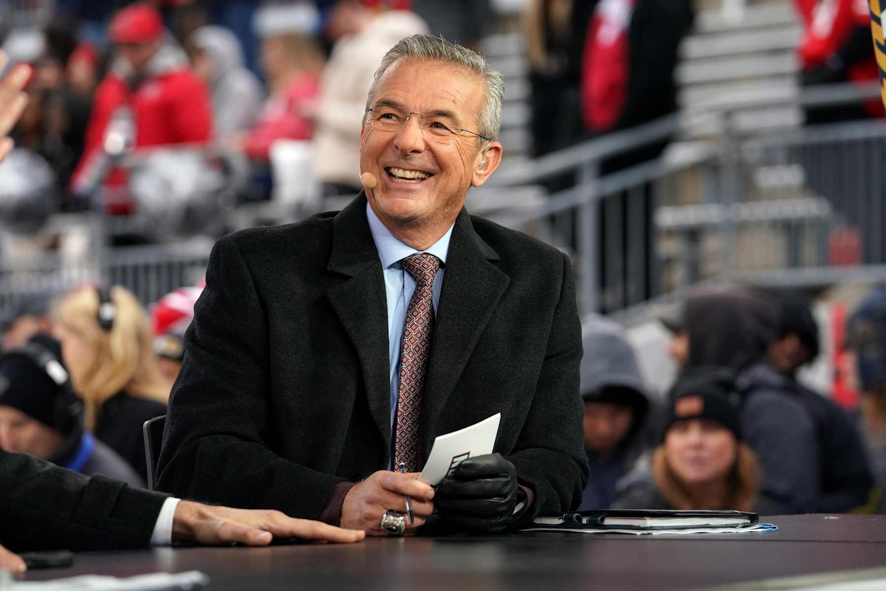 COLUMBUS, OHIO - NOVEMBER 23: Urban Meyer commentates before the game between the Indiana Hoosiers and the Ohio State Buckeyes at Ohio Stadium on November 23, 2024 in Columbus, Ohio. (Photo by Jason Mowry/Getty Images)