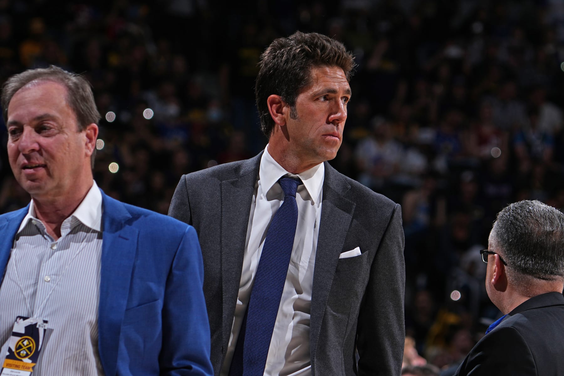 DENVER, CO - APRIL 21: General Manager Bob Myers of the Golden State Warriors looks on during the game between the Golden State Warriors and the Denver Nuggets during Round 1 Game 3 on April 21, 2022 at the Ball Arena in Denver, Colorado. NOTE TO USER: User expressly acknowledges and agrees that, by downloading and/or using this Photograph, user is consenting to the terms and conditions of the Getty Images License Agreement. Mandatory Copyright Notice: Copyright 2022 NBAE (Photo by Bart Young/NBAE via Getty Images)