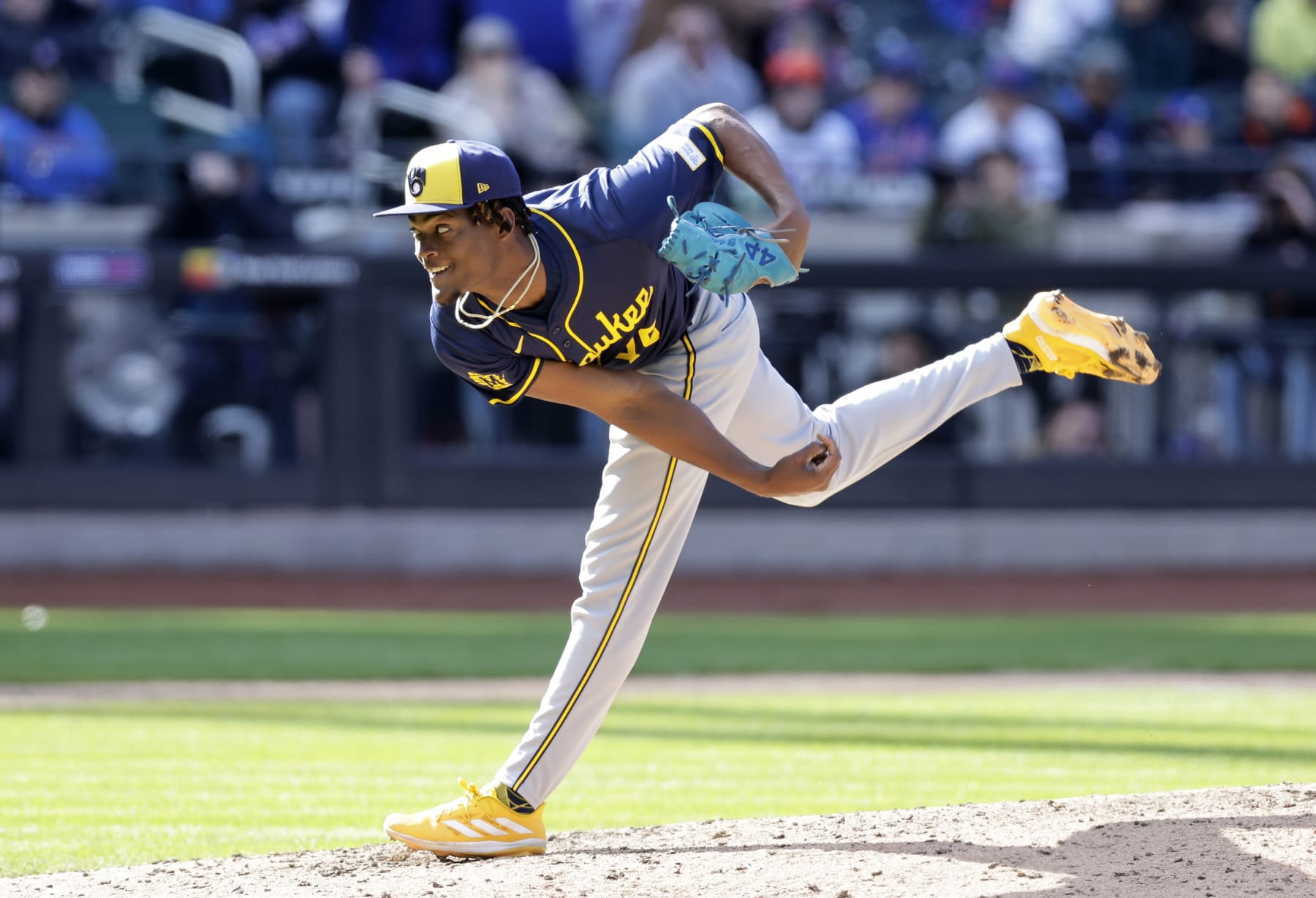 NEW YORK, NEW YORK - MARCH 29: (NEW YORK DAILIES OUT) Abner Uribe #45 of the Milwaukee Brewers in action against the New York Mets at Citi Field on March 29, 2024 in New York City. The Brewers defeated the Mets 3-1. (Photo by Jim McIsaac/Getty Images) NEW YORK, NEW YORK - MARCH 29: (NEW YORK DAILIES OUT) Abner Uribe #45 of the Milwaukee Brewers in action against the New York Mets at Citi Field on March 29, 2024 in New York City. The Brewers defeated the Mets 3-1. (Photo by Jim McIsaac/Getty Images)