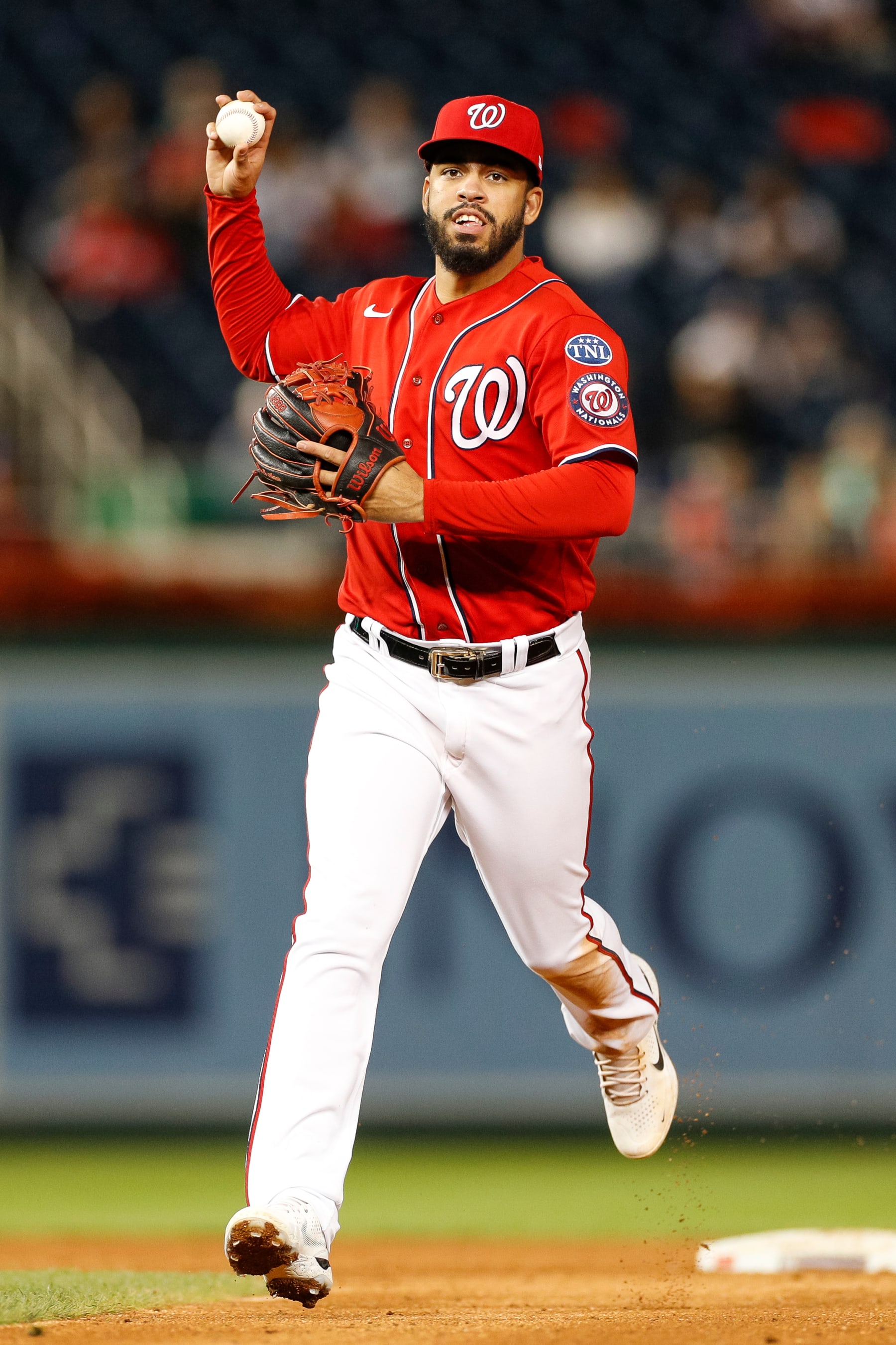 WASHINGTON, DC - SEPTEMBER 24: Luis Garcia #2 of the Washington Nationals throws to first for an out in the sixth inning during game two of a doubleheader against the Atlanta Braves at Nationals Park on September 24, 2023 in Washington, DC. (Photo by Brandon Sloter/Image Of Sport/Getty Images)