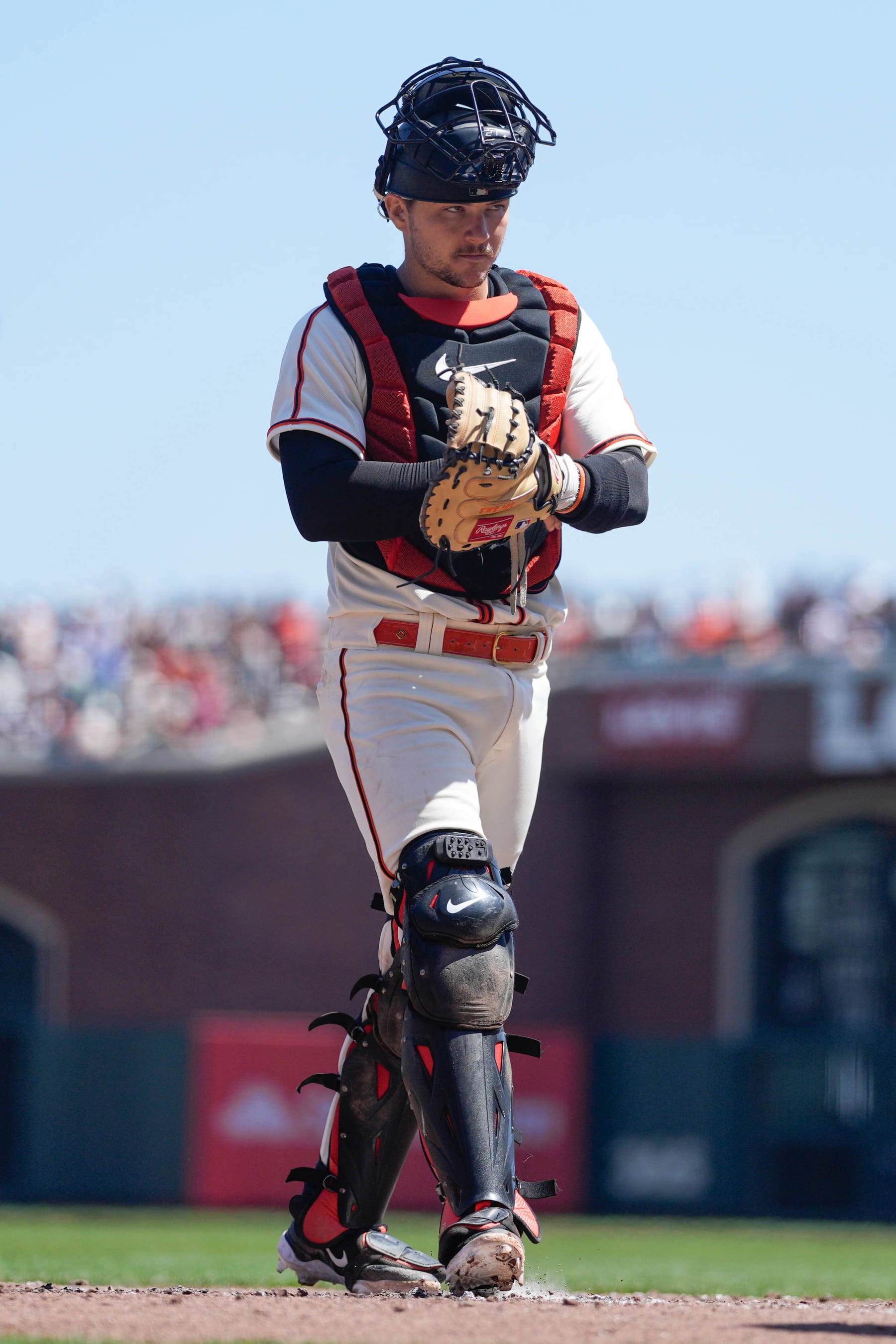SAN FRANCISCO, CALIFORNIA - AUGUST 26: Patrick Bailey #14 of the San Francisco Giants in a game against the Atlanta Braves at Oracle Park on August 26, 2023 in San Francisco, California. (Photo by Andy Kuno/San Francisco Giants/Getty Images)