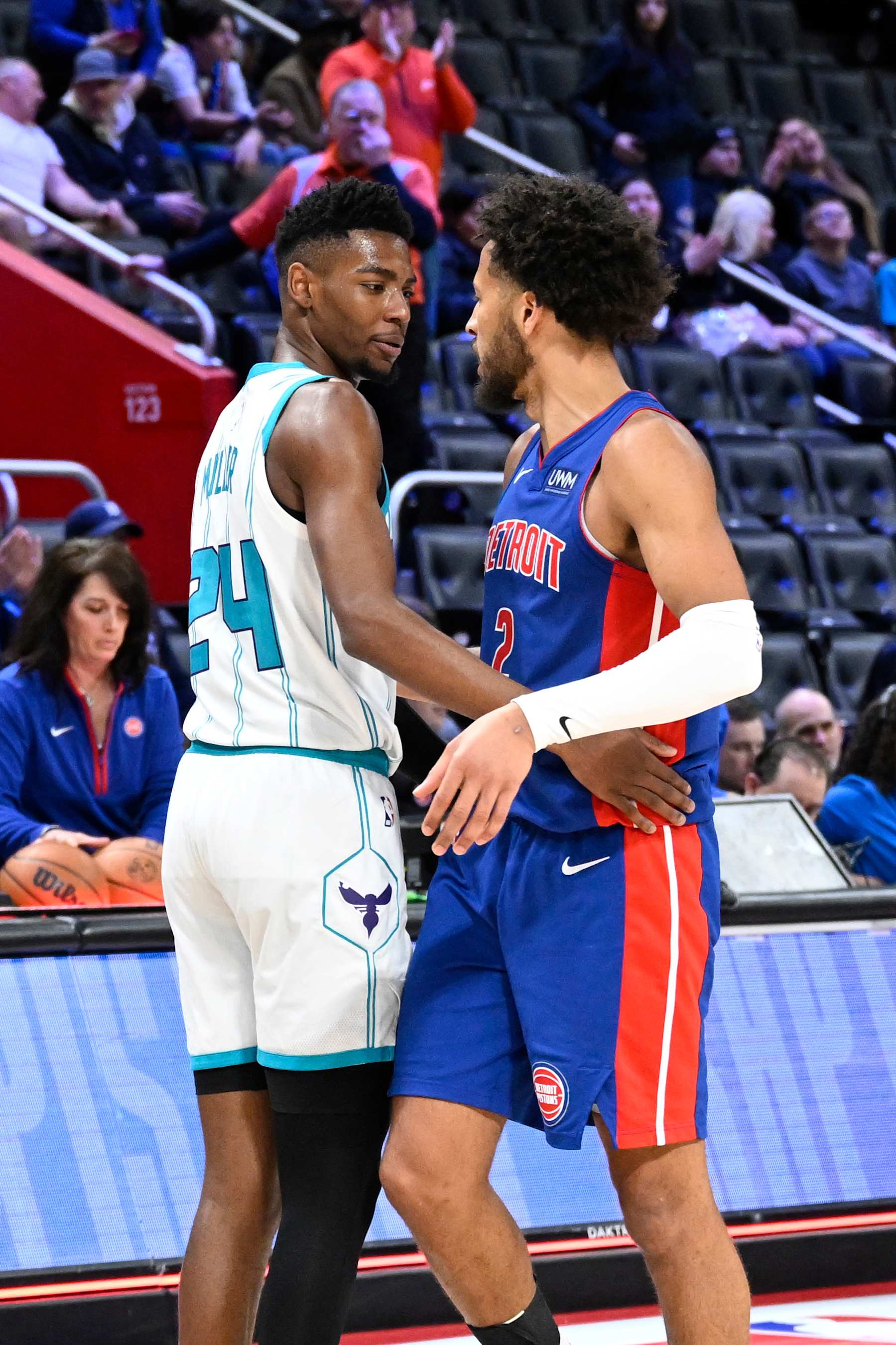 DETROIT, MI - MARCH 11: Brandon Miller #24 of the Charlotte Hornets talks to Cade Cunningham #2 of the Detroit Pistons after the game  on March 11, 2024 at Little Caesars Arena in Detroit, Michigan. NOTE TO USER: User expressly acknowledges and agrees that, by downloading and/or using this photograph, User is consenting to the terms and conditions of the Getty Images License Agreement. Mandatory Copyright Notice: Copyright 2024 NBAE (Photo by Chris Schwegler/NBAE via Getty Images)