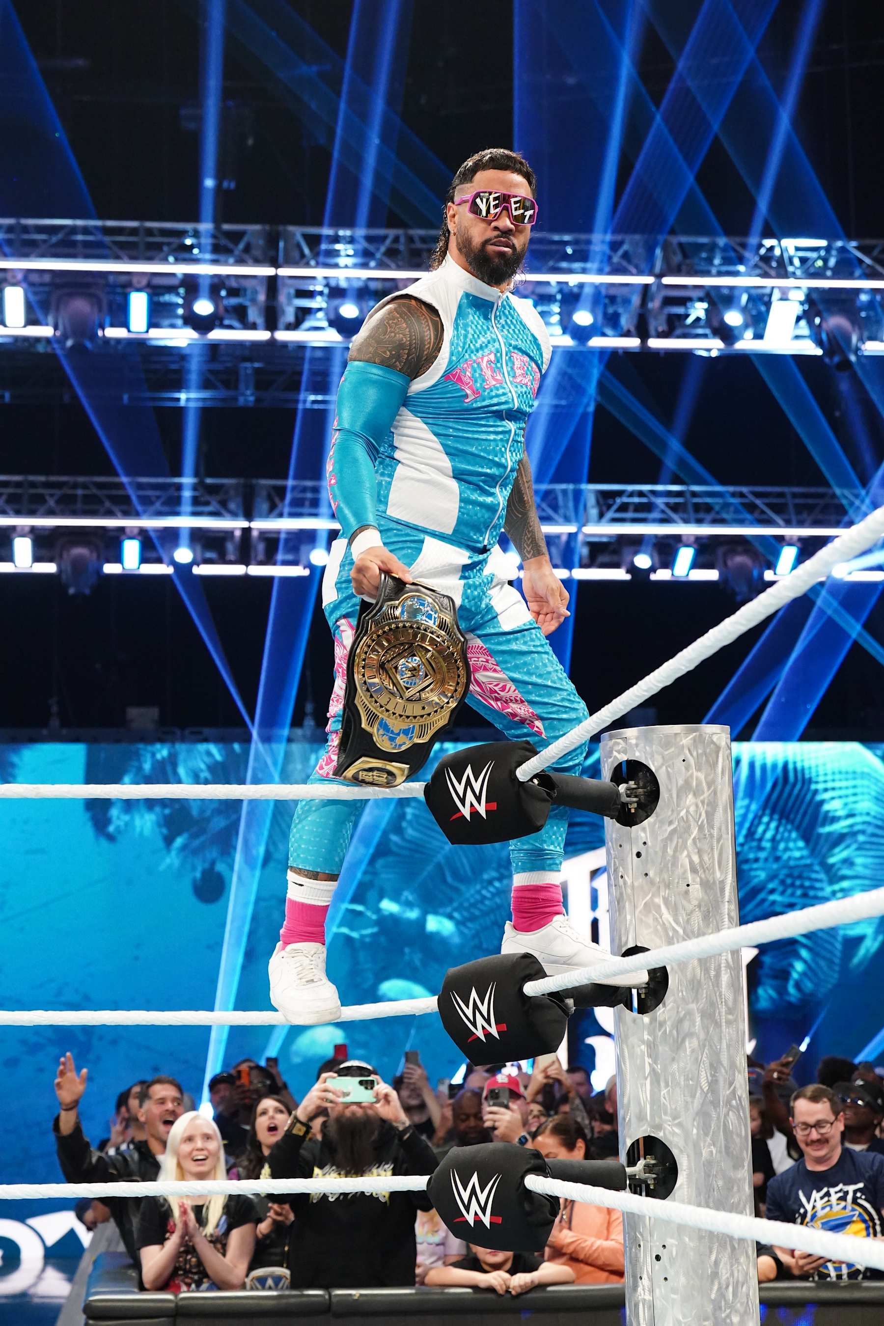 ST LOUIS, MISSOURI - OCTOBER 07: Intercontinental Champion Jey Uso makes his entrance during Monday Night RAW at Enterprise Center on October 7, 2024 in St Louis, Missouri. (Photo by WWE/Getty Images)