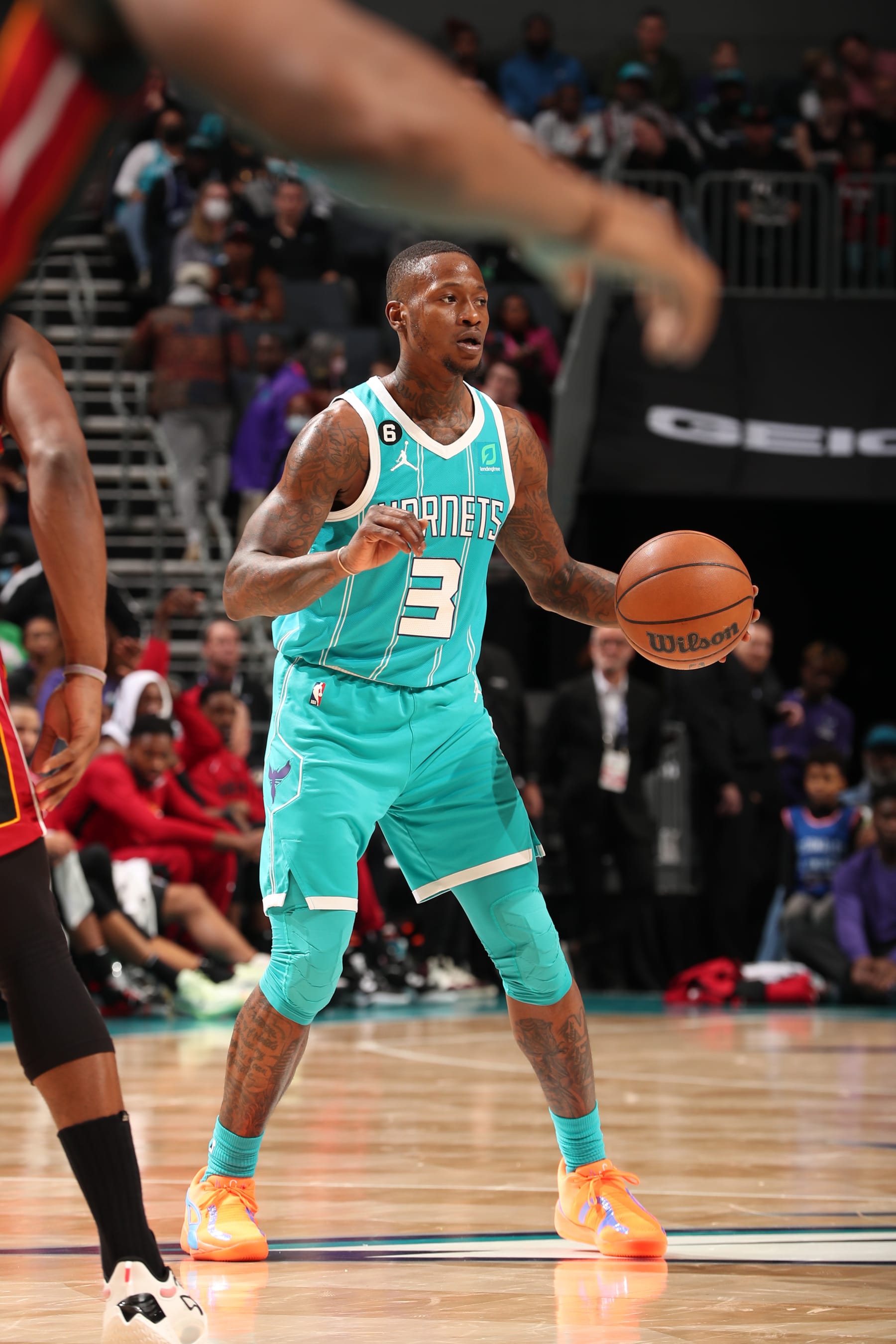CHARLOTTE, NC - JANUARY 29: Terry Rozier #3 of the Charlotte Hornets handles the ball during the game against the Miami Heat on January 29, 2023 at Spectrum Center in Charlotte, North Carolina. NOTE TO USER: User expressly acknowledges and agrees that, by downloading and or using this photograph, User is consenting to the terms and conditions of the Getty Images License Agreement. Mandatory Copyright Notice: Copyright 2023 NBAE (Photo by Kent Smith/NBAE via Getty Images)