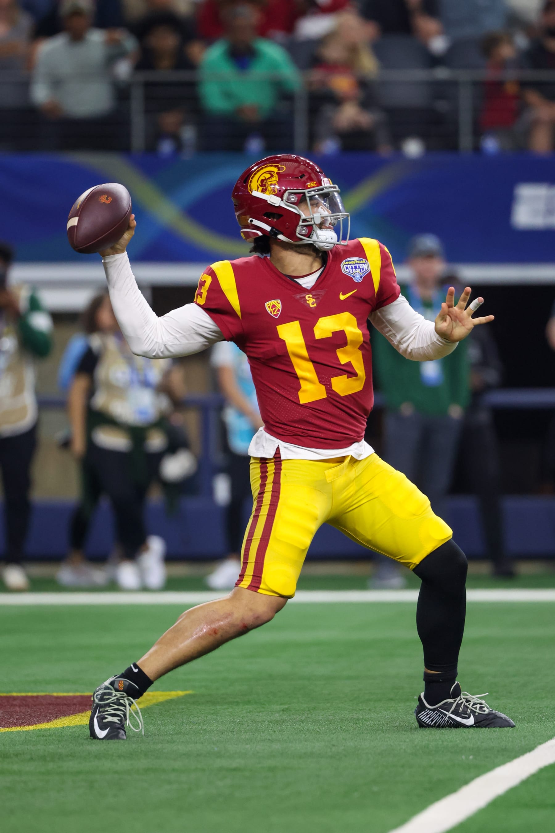 ARLINGTON, TX - JANUARY 02: USC Trojans quarterback Caleb Williams (13) passes during the Goodyear Cotton Bowl between the Tulane Green Wave and the USC Trojans on January 2, 2023 at AT&T Stadium in Arlington, TX. (Photo by George Walker/Icon Sportswire via Getty Images)