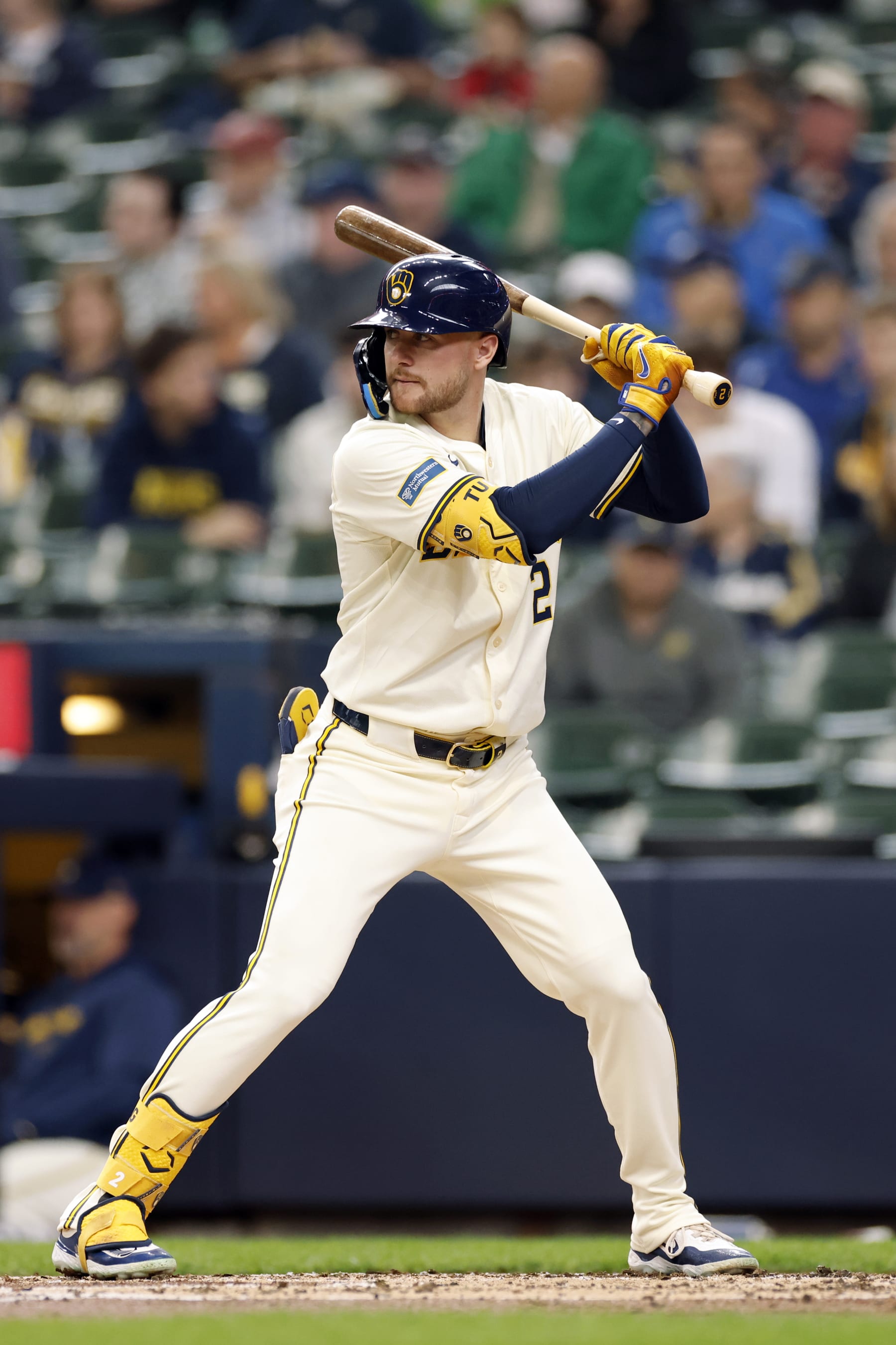 MILWAUKEE, WI - APRIL 17: Milwaukee Brewers second baseman Brice Turang (2) bats during an MLB game against the San Diego Padres on April 17, 2024 at American Family Field in Milwaukee, Wisconsin. (Photo by Joe Robbins/Icon Sportswire via Getty Images)