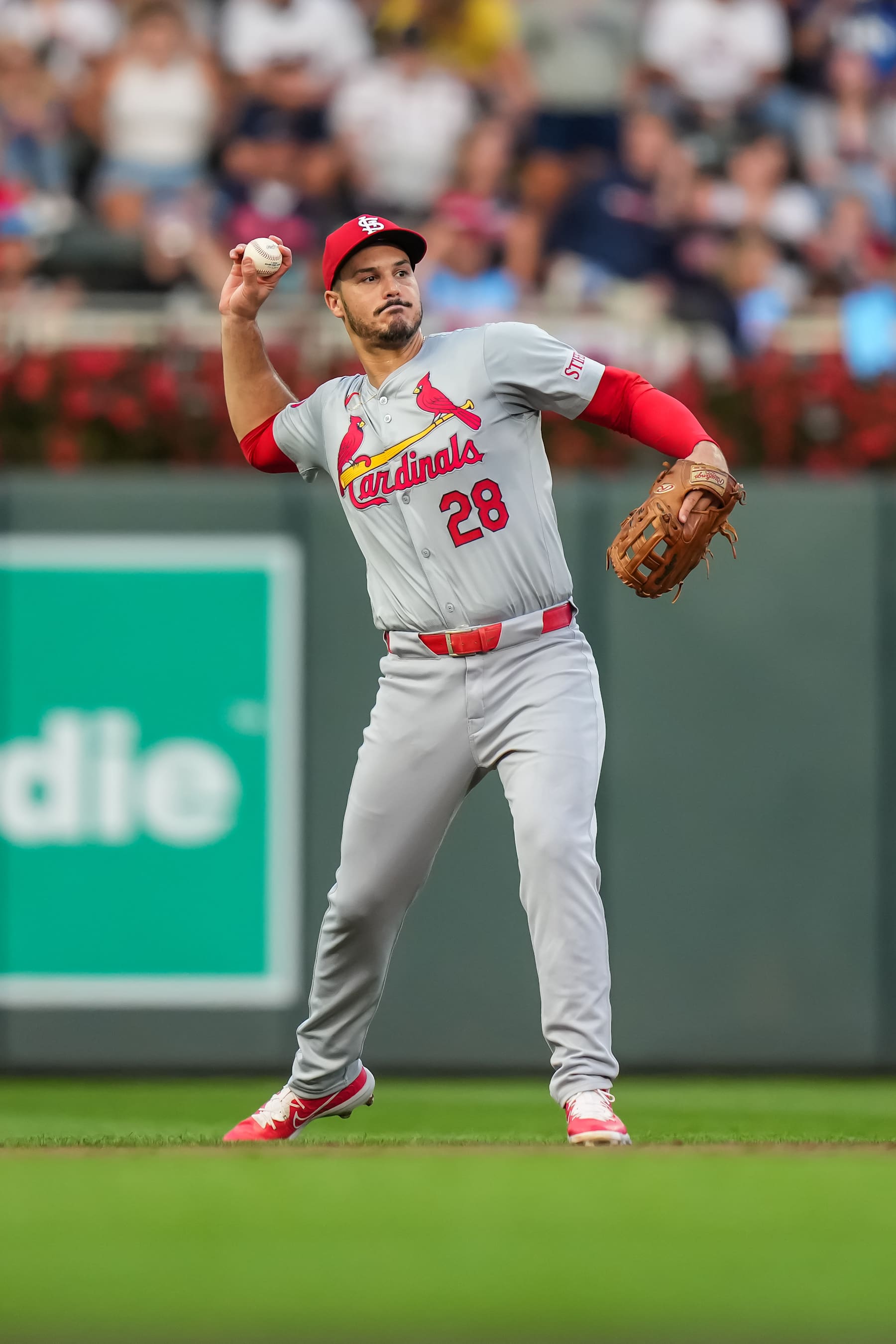 MINNEAPOLIS, MN - AUGUST 23: Nolan Arenado #28 of the St. Louis Cardinals throws against the Minnesota Twins on August 23, 2024 at Target Field in Minneapolis, Minnesota. (Photo by Brace Hemmelgarn/Minnesota Twins/Getty Images)