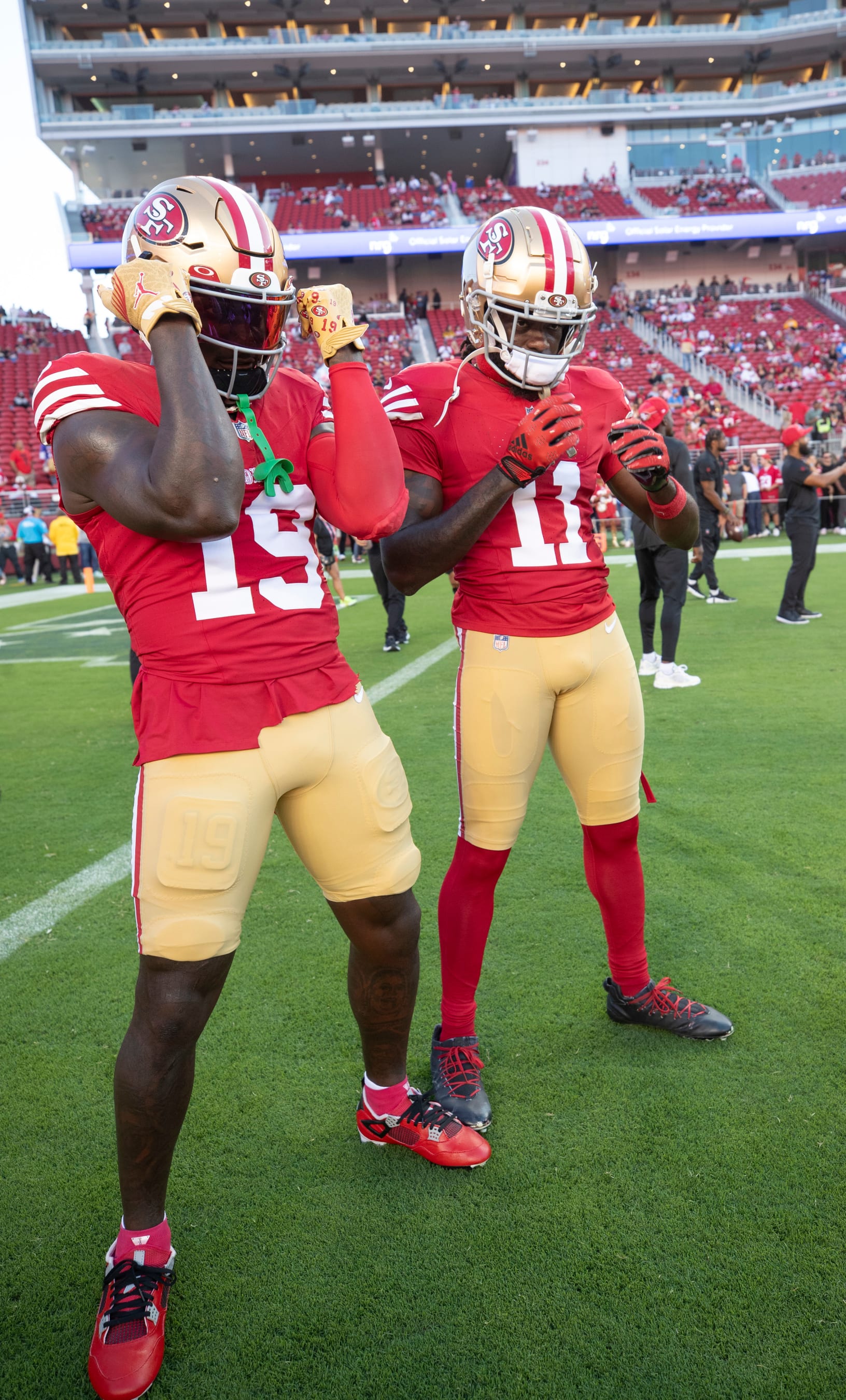 SANTA CLARA, CA - AUGUST 25: Deebo Samuel #19 and Brandon Aiyuk #11 of the San Francisco 49ers before the game against the Los Angeles Chargers at Levi's Stadium on August 25, 2023 in Santa Clara, California. The Chargers defeated the 49ers 23-12. (Photo by Michael Zagaris/San Francisco 49ers/Getty Images)