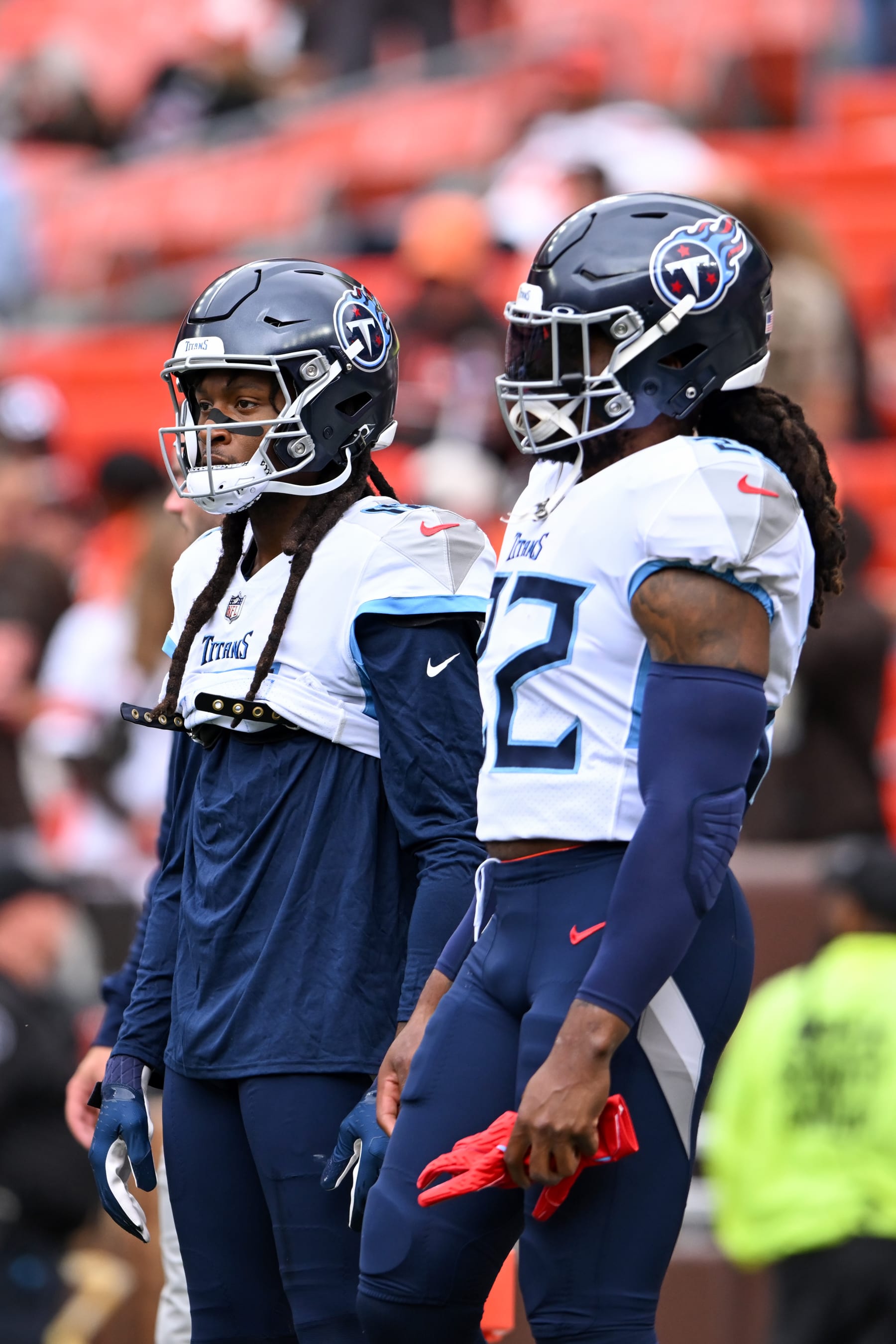 CLEVELAND, OHIO - SEPTEMBER 24: DeAndre Hopkins #10 and Derrick Henry #22 of the Tennessee Titans look on prior to a game against the Cleveland Browns at Cleveland Browns Stadium on September 24, 2023 in Cleveland, Ohio. (Photo by Nick Cammett/Diamond Images via Getty Images)