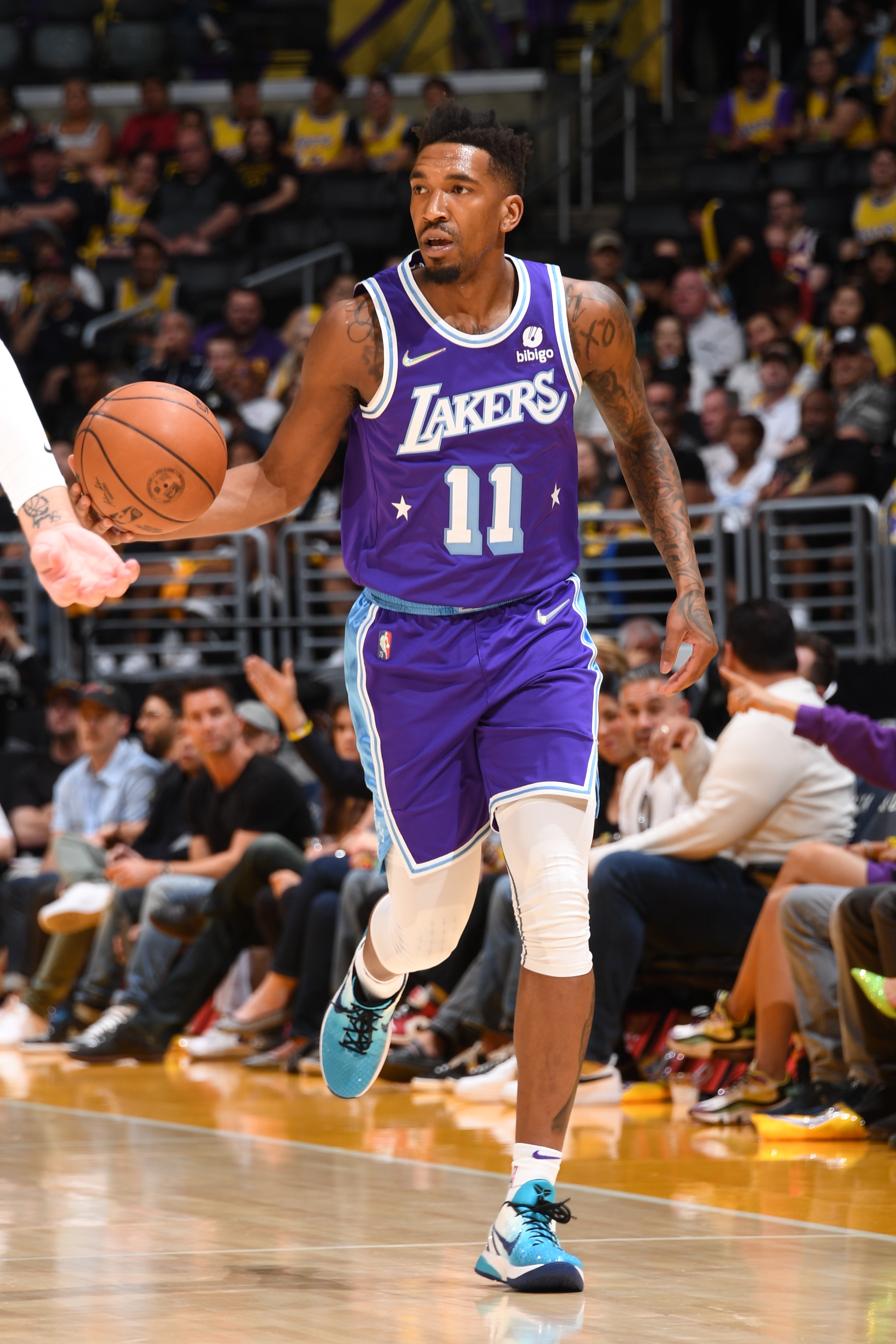 LOS ANGELES, CA - APRIL 8: Malik Monk #11 of the Los Angeles Lakers dribbles the ball during the game against the Oklahoma City Thunder on April 8, 2022 at Crypto.Com Arena in Los Angeles, California. NOTE TO USER: User expressly acknowledges and agrees that, by downloading and/or using this Photograph, user is consenting to the terms and conditions of the Getty Images License Agreement. Mandatory Copyright Notice: Copyright 2022 NBAE (Photo by Adam Pantozzi/NBAE via Getty Images)