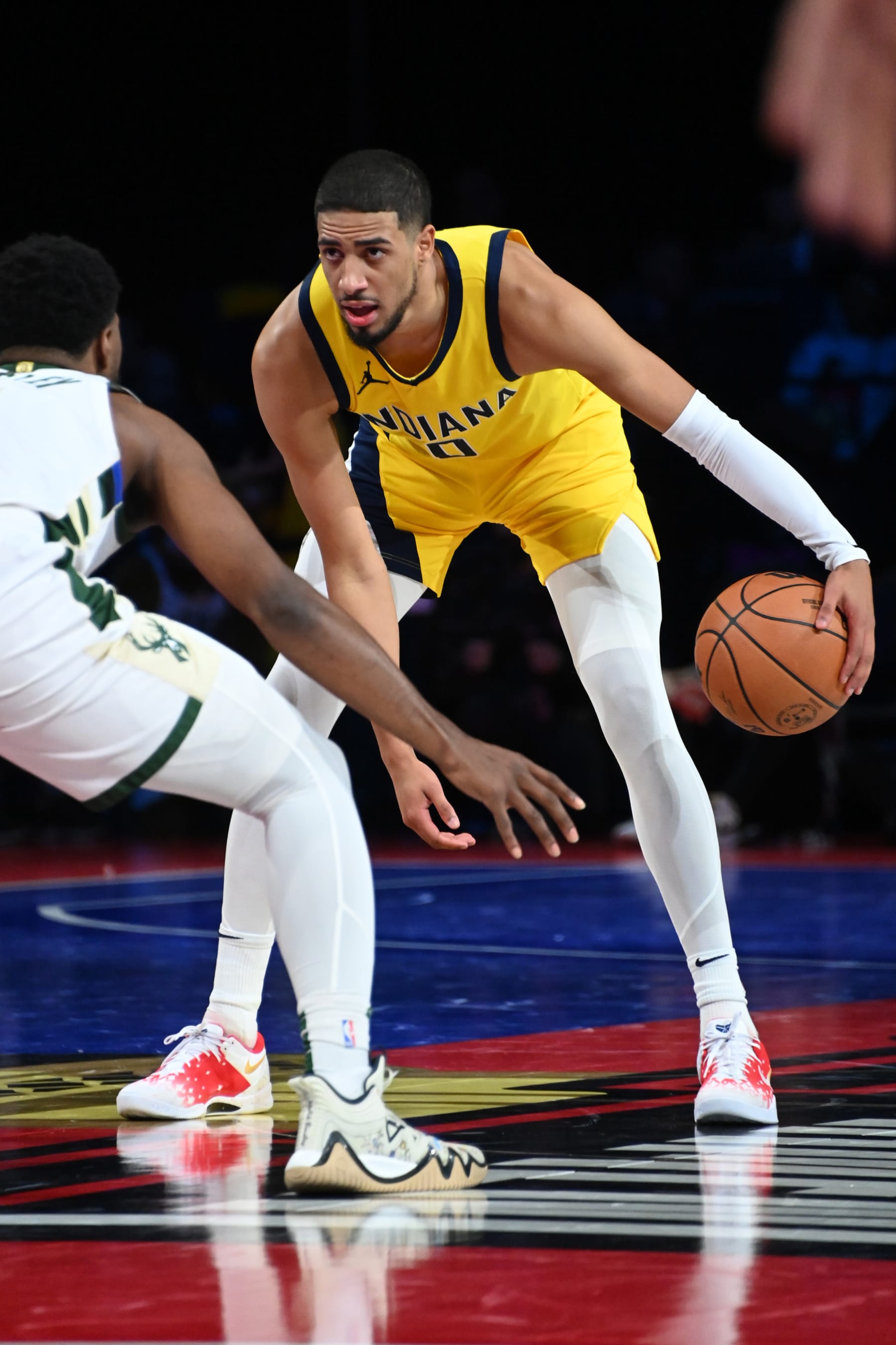 LAS VEGAS, NV - DECEMBER 7: Tyrese Haliburton #0 of the Indiana Pacers dribbles the ball during the game against the Milwaukee Bucks during the semifinals of the In-Season Tournament on December 7, 2023 at T-Mobile Arena in Las Vegas, Nevada. NOTE TO USER: User expressly acknowledges and agrees that, by downloading and or using this photograph, User is consenting to the terms and conditions of the Getty Images License Agreement. Mandatory Copyright Notice: Copyright 2023 NBAE (Photo by Andrew D. Bernstein/NBAE via Getty Images)