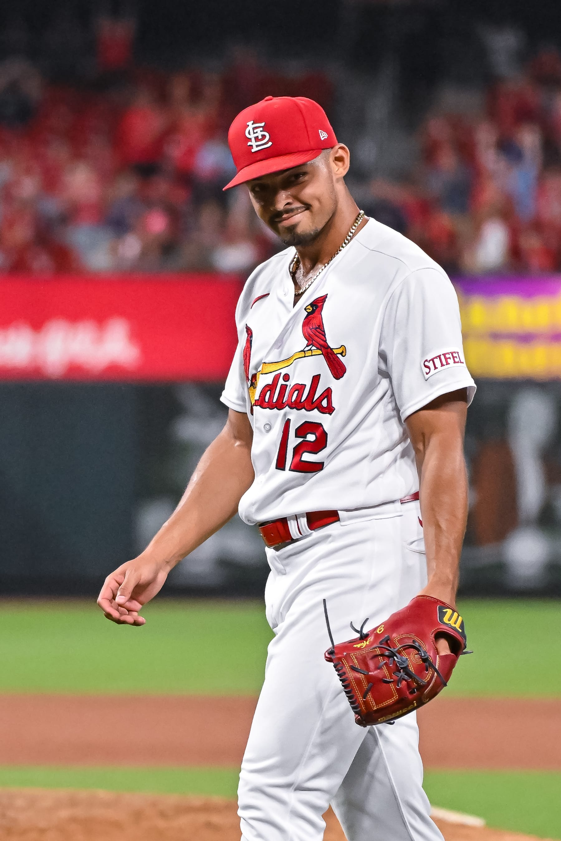 ST. LOUIS, MO - JUL 17: St. Louis Cardinals relief pitcher Jordan Hicks (12) has a smirk on his face after getting the save and breaking two bats from the opponent in the top of the ninth inning during a game between the Miami Marlins and the St. Louis Cardinals on July 17, 2023, at Busch Stadium in St. Louis MO (Photo by Rick Ulreich/Icon Sportswire via Getty Images)