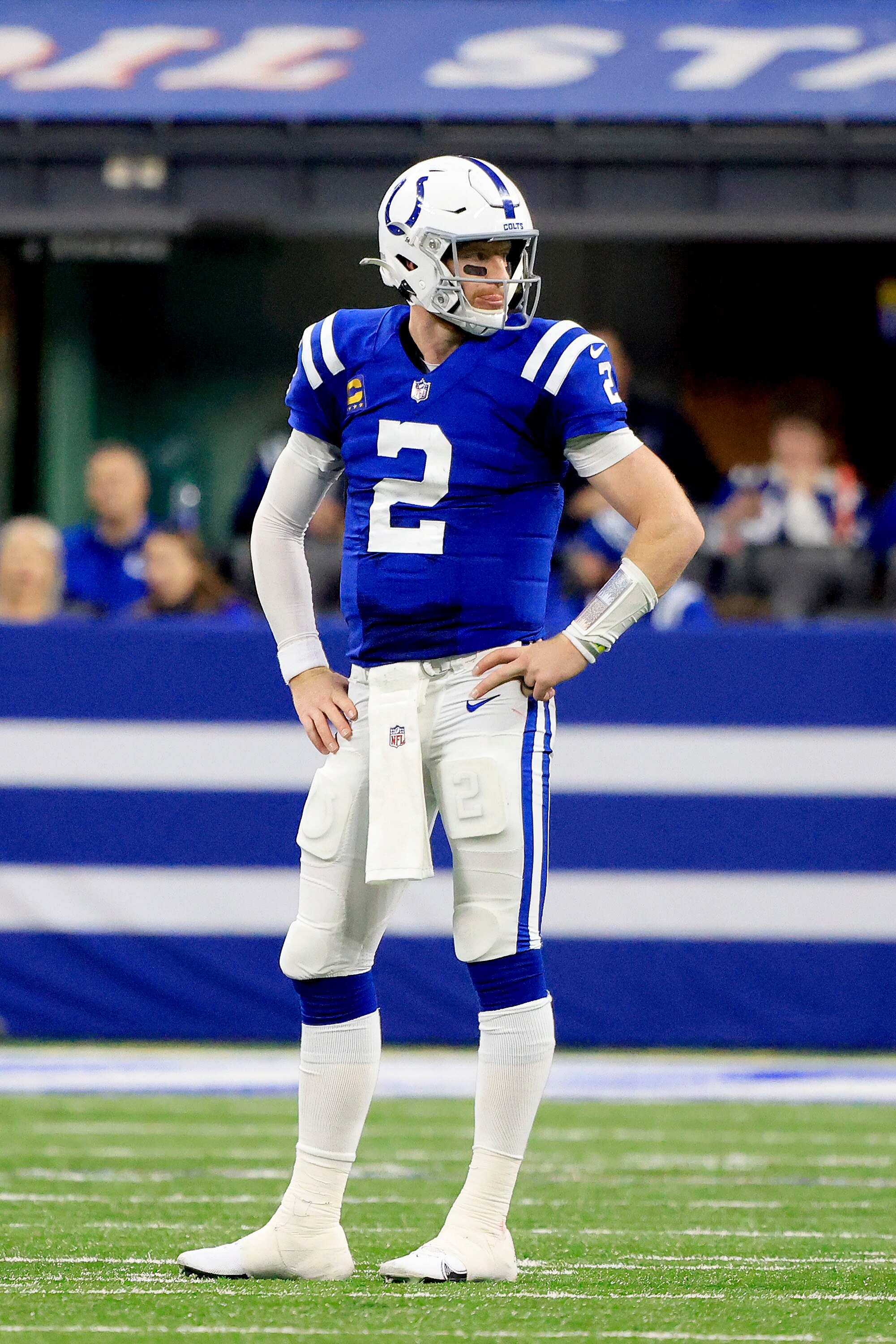 INDIANAPOLIS, INDIANA - DECEMBER 18: Carson Wentz #2 of the Indianapolis Colts looks on during the fourth quarter against the New England Patriots at Lucas Oil Stadium on December 18, 2021 in Indianapolis, Indiana. (Photo by Justin Casterline/Getty Images)