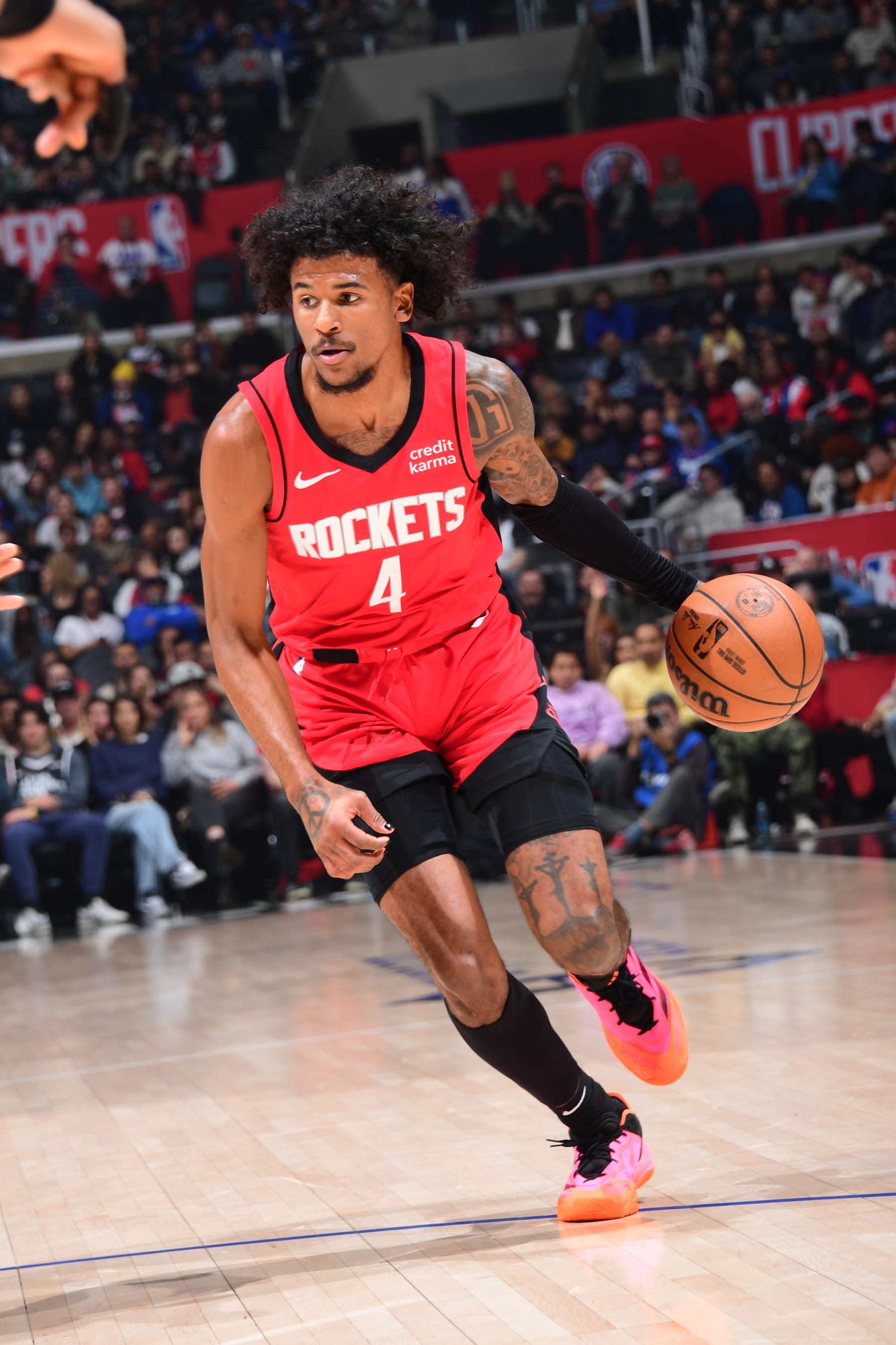 LOS ANGELES, CA - APIRL 14: Jalen Green #4 of the Houston Rockets dribbles the ball during the game against the LA Clippers on April 14, 2024 at Crypto.Com Arena in Los Angeles, California. NOTE TO USER: User expressly acknowledges and agrees that, by downloading and/or using this Photograph, user is consenting to the terms and conditions of the Getty Images License Agreement. Mandatory Copyright Notice: Copyright 2024 NBAE (Photo by Adam Pantozzi/NBAE via Getty Images)