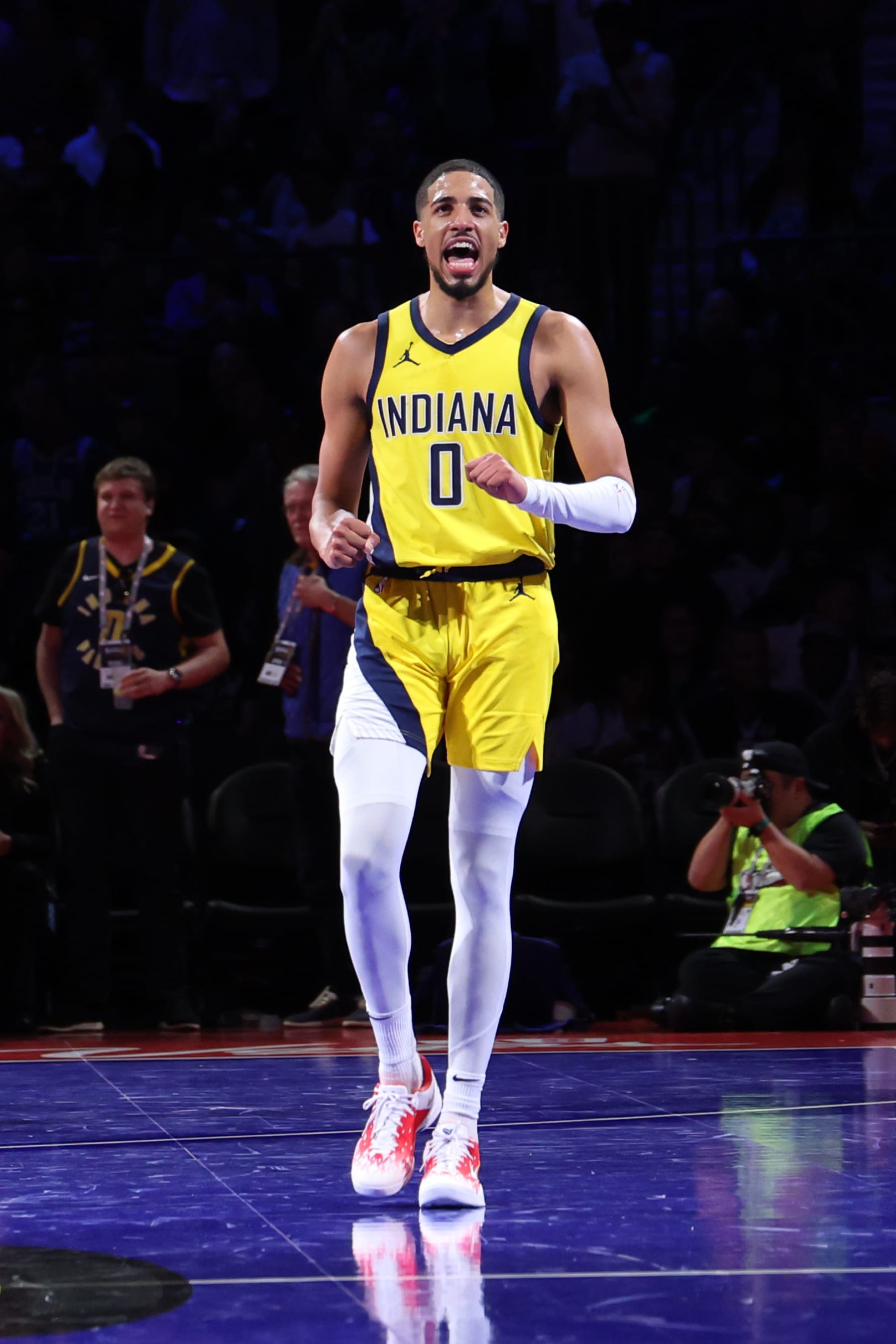LAS VEGAS, NV - DECEMBER 7: Tyrese Haliburton #0 of the Indiana Pacers celebrates during the game against the Milwaukee Bucks during the semifinals of the In-Season Tournament on December 7, 2023 at T-Mobile Arena in Las Vegas, Nevada. NOTE TO USER: User expressly acknowledges and agrees that, by downloading and or using this photograph, User is consenting to the terms and conditions of the Getty Images License Agreement. Mandatory Copyright Notice: Copyright 2023 NBAE (Photo by Jeff Haynes/NBAE via Getty Images)