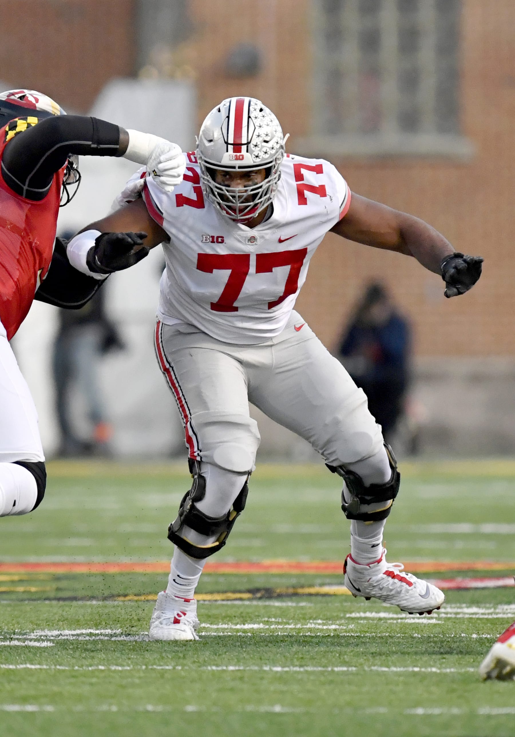 COLLEGE PARK, MD - NOVEMBER 19: Ohio State tackle Paris Johnson, Jr. (77) blocks during the Ohio State Buckeyes versus Maryland Terrapins game on November 19, 2022 at Capital One Field at Maryland Stadium in College Park, MD. (Photo by Randy Litzinger/Icon Sportswire via Getty Images)